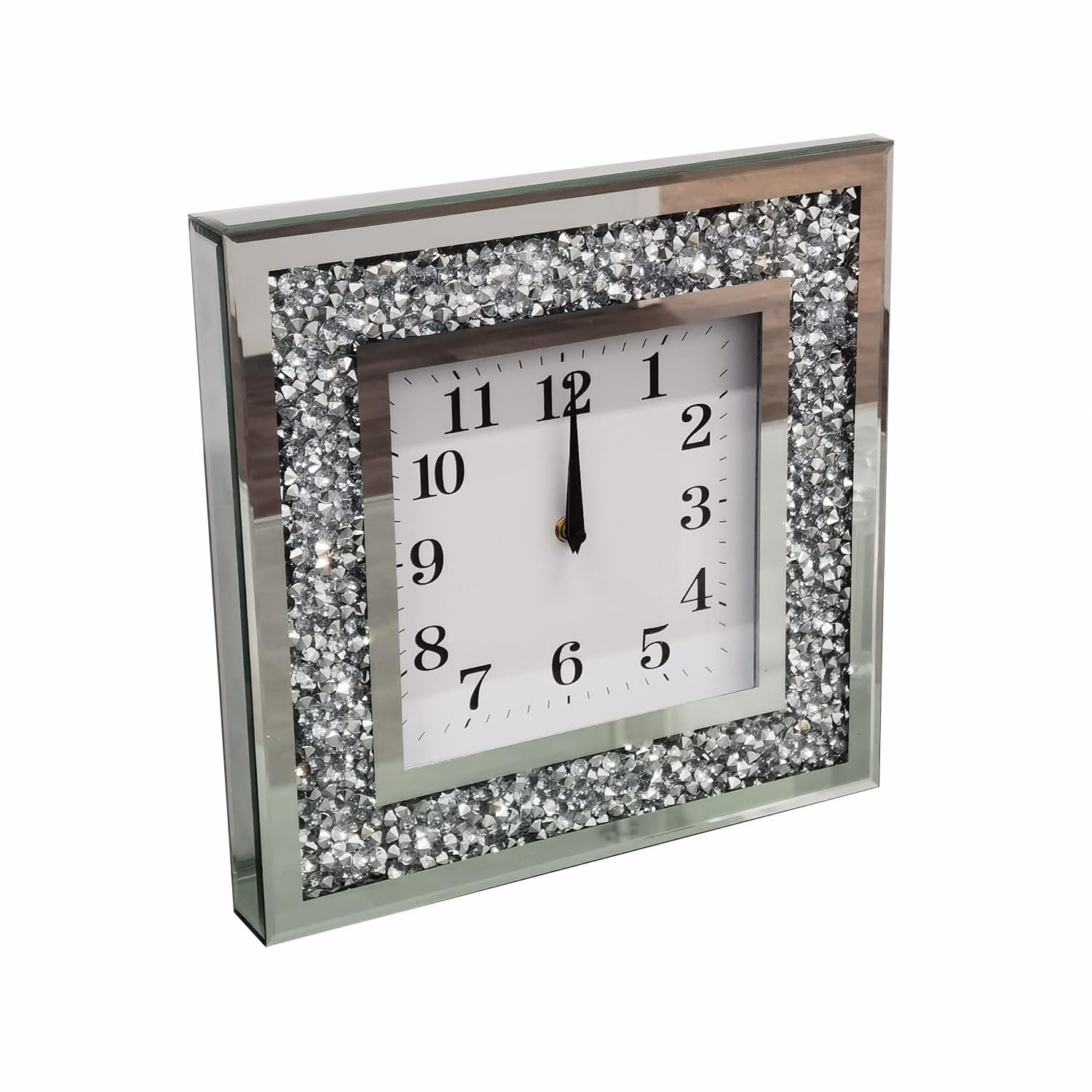 English Numbered Square Wall Clock - Crushed Diamante - Silver