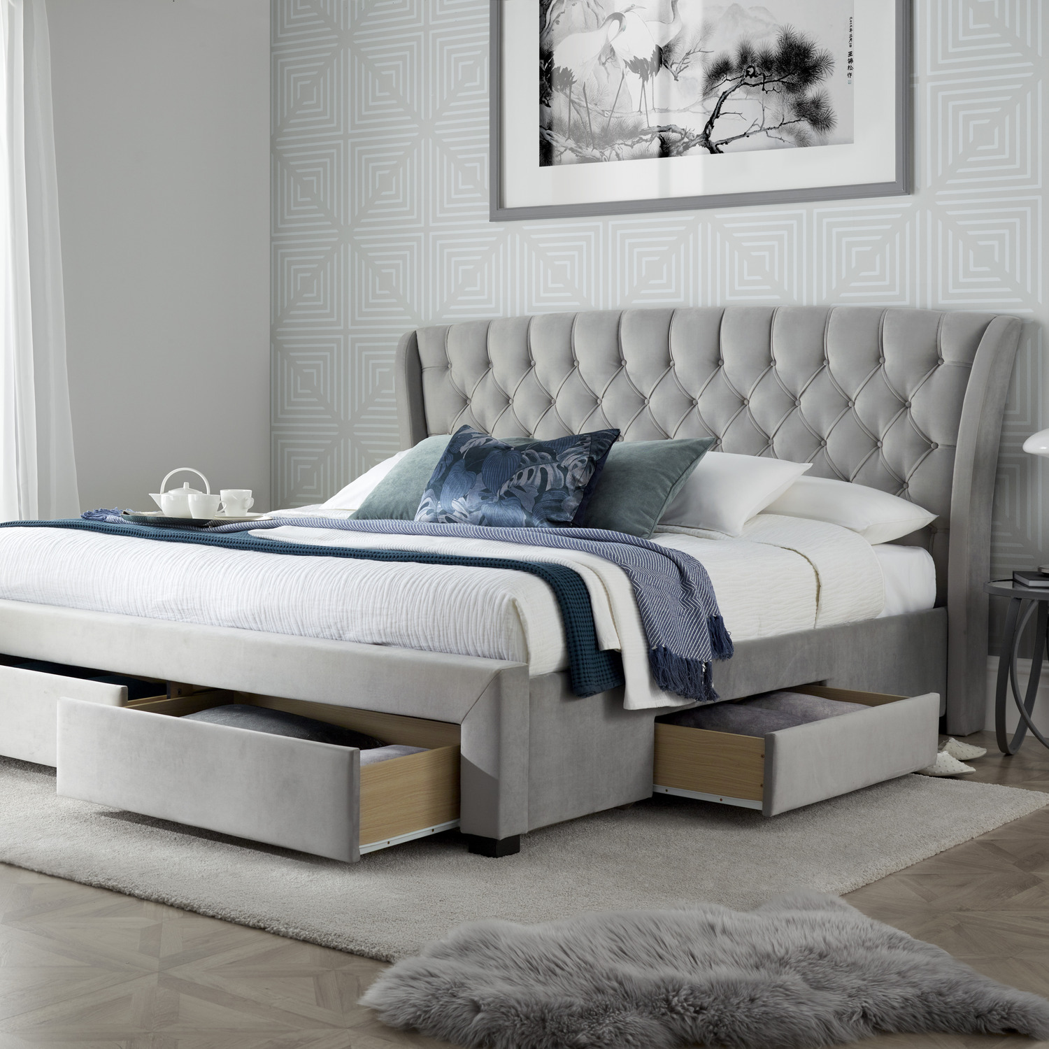 Newton Grey Velvet 4 Drawer Storage Bed - Grey King