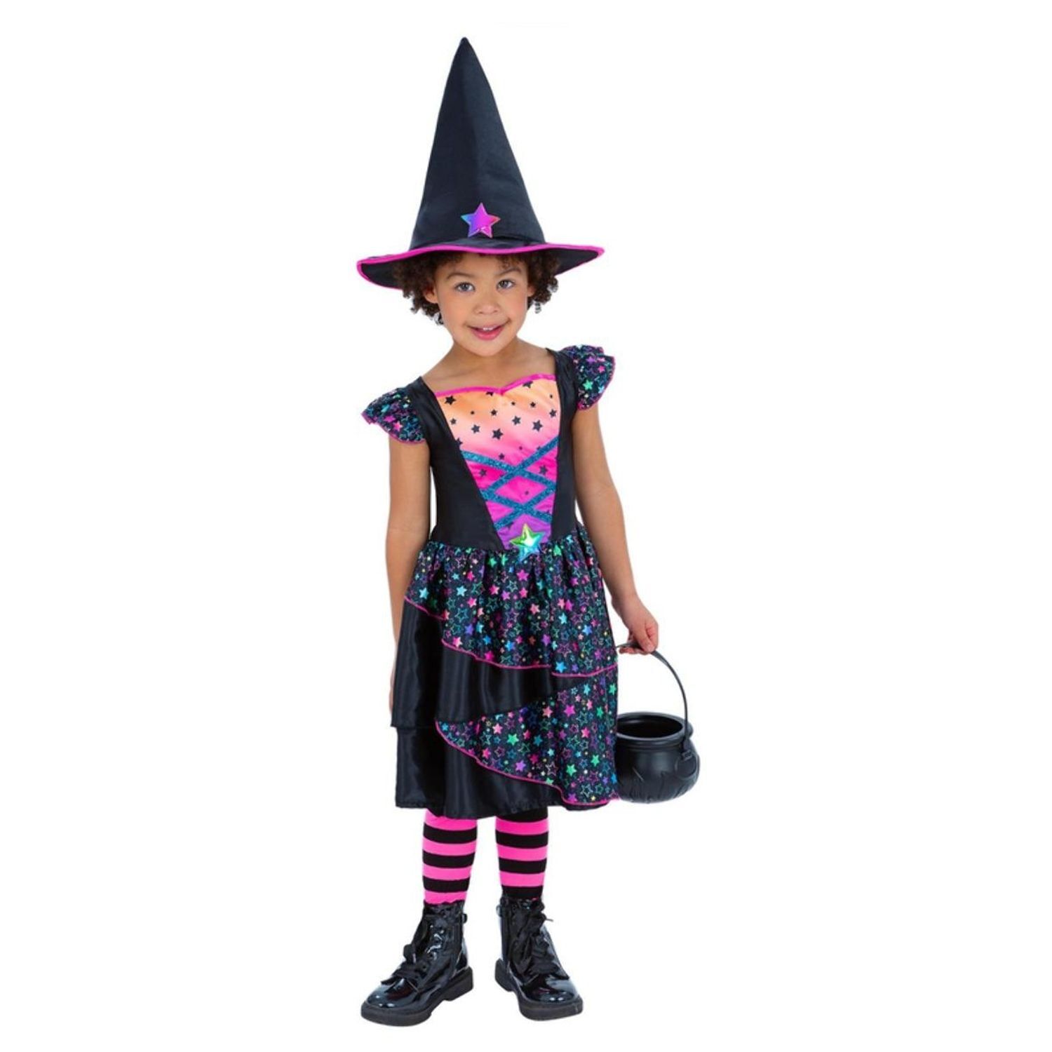 Smiffys Girls Star Witch Polyester Costume Set A - Black/Pink/Neon