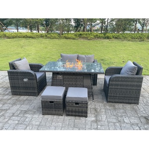 Rattan 6 Seater Gas Fire Pit Sofa Set Reclining Chairs Stools