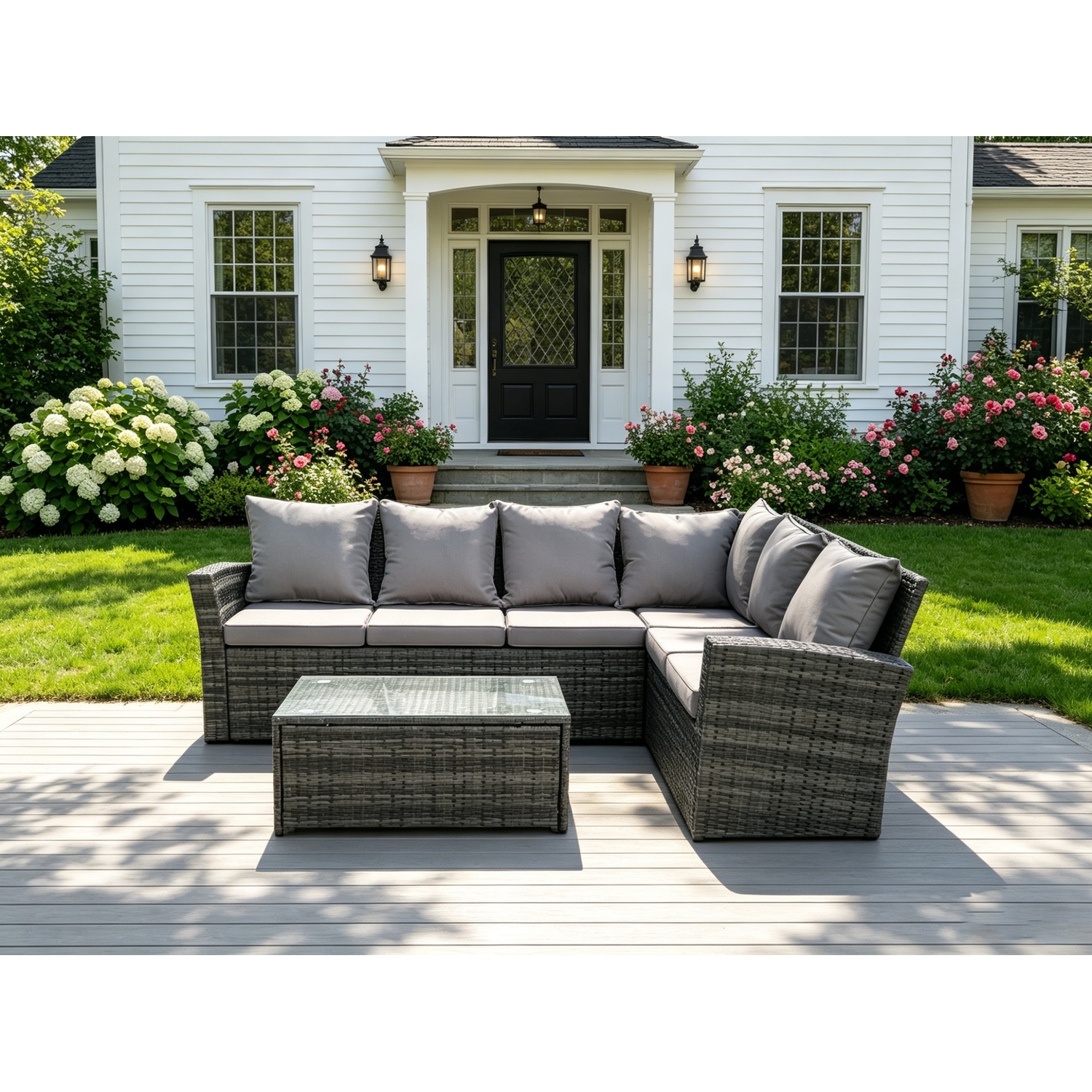 Fimous High Back Rattan Corner Sofa Set With Oblong Coffee Table Right Option
