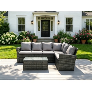 High Back Rattan Corner Sofa Set with Oblong Coffee Table Right Option