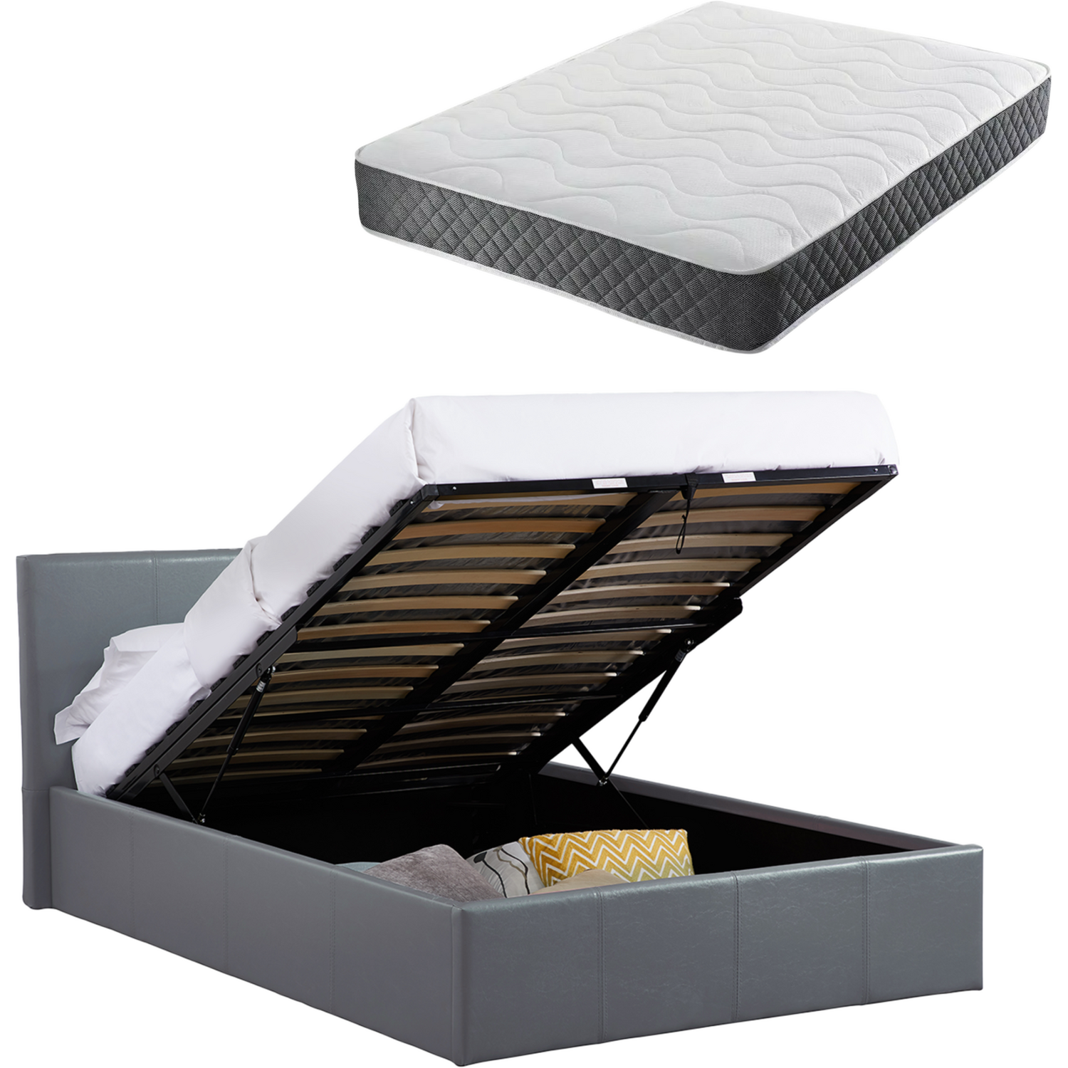 B&Q - 4Ft6 Double Grey Ottoman Storage Bed With Gas Lift Up & Memory Foam & Spring MattressL: 203Cm X W: 153Cm X H: 88.5Cm - Image 6
