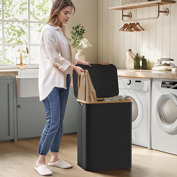 SONGMICS 130L Laundry Basket with Lid, 2-Section Large Laundry Hamper