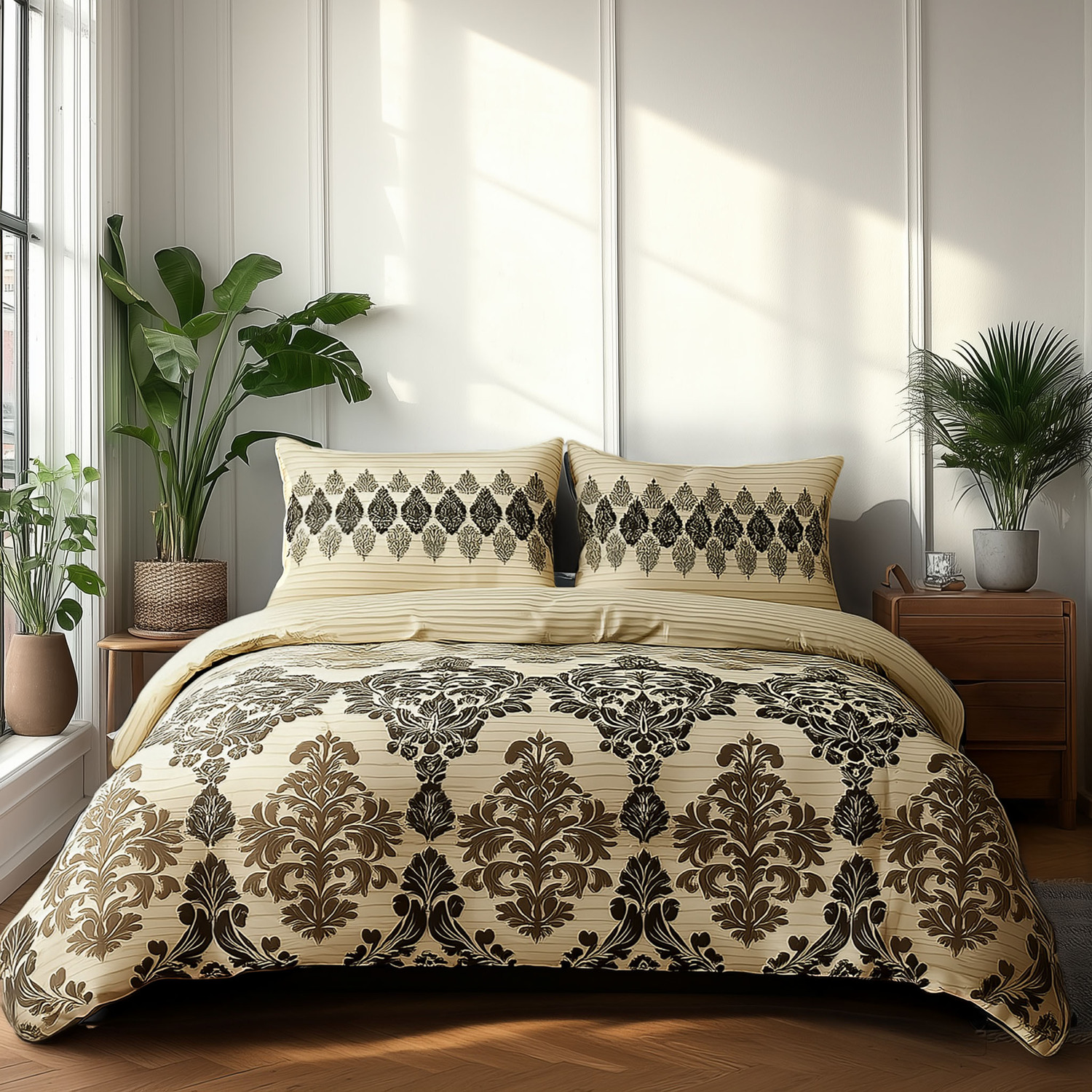 Duvet Cover And Pillowcase Set Natural Black Stripe Floral Design Polycotton Bed Linen - Natural Beige / Double