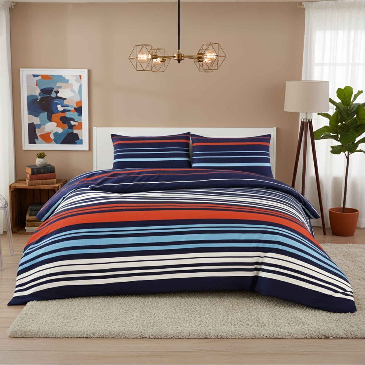 Snug City Striped Duvet Set Stylish Easy Care Bedding with Classic Pattern in Blue | Size: Single