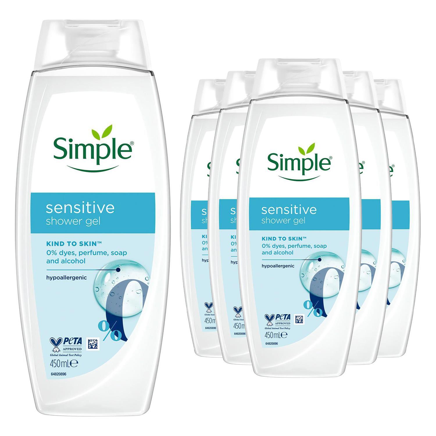 Simple Kind To Skin Sensitive Shower Gel Body Wash Hypoallergenic 450Ml, 6 Pack - White