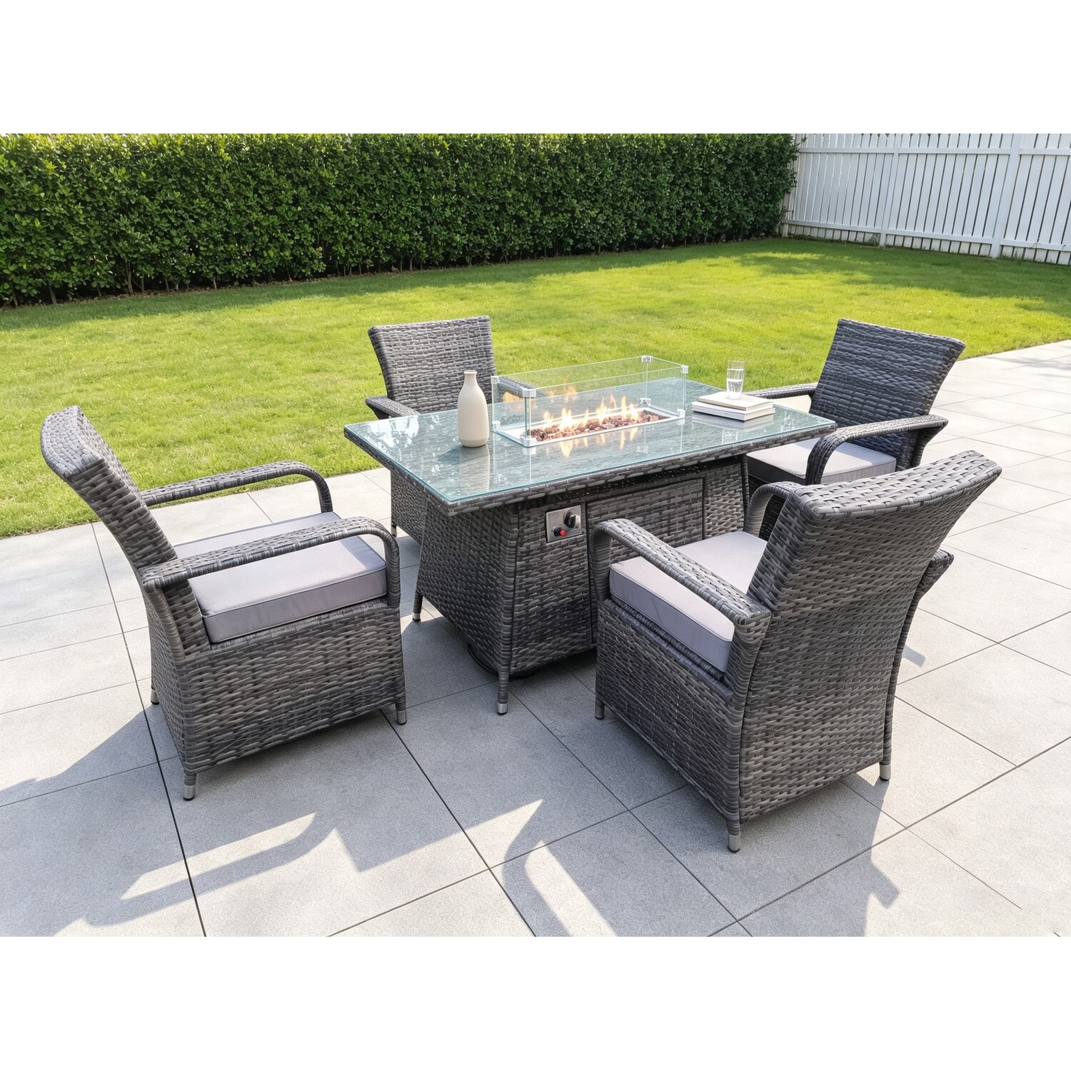Fimous Unisex Dark Grey Rattan Garden Furniture Gas Fire Pit Round Dining Table Gas Heater & Dining Chairs Seater In Size 6 - Image 2