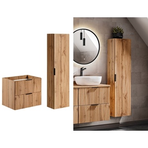 Adel Ribbed Fluted Oak Effect 600mm Wall Hung Vanity and Tall Storage Cabinet