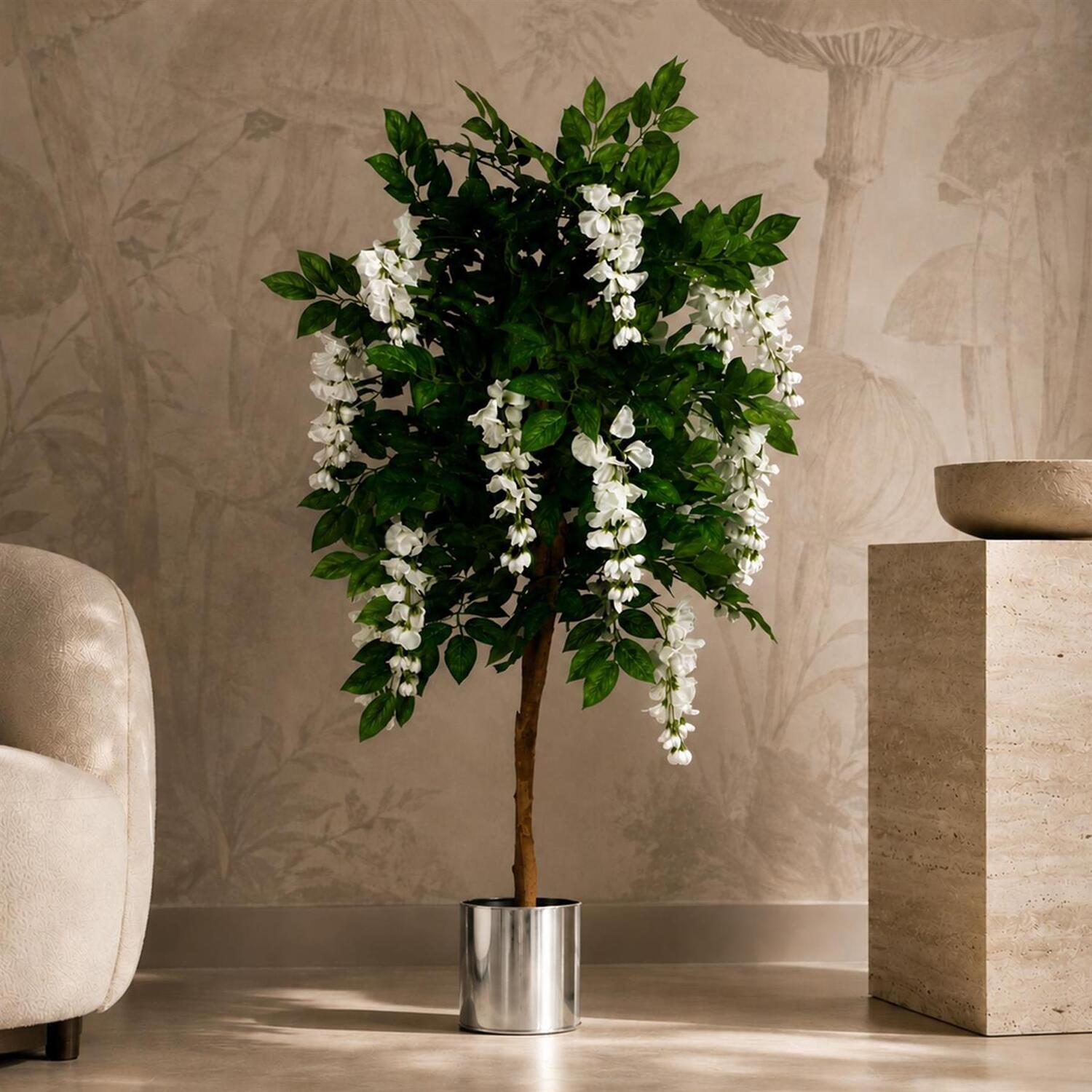 Botanik 130Cm Artificial Wisteria Tree White Flowers Copper Planter - Green Flowering Tree
