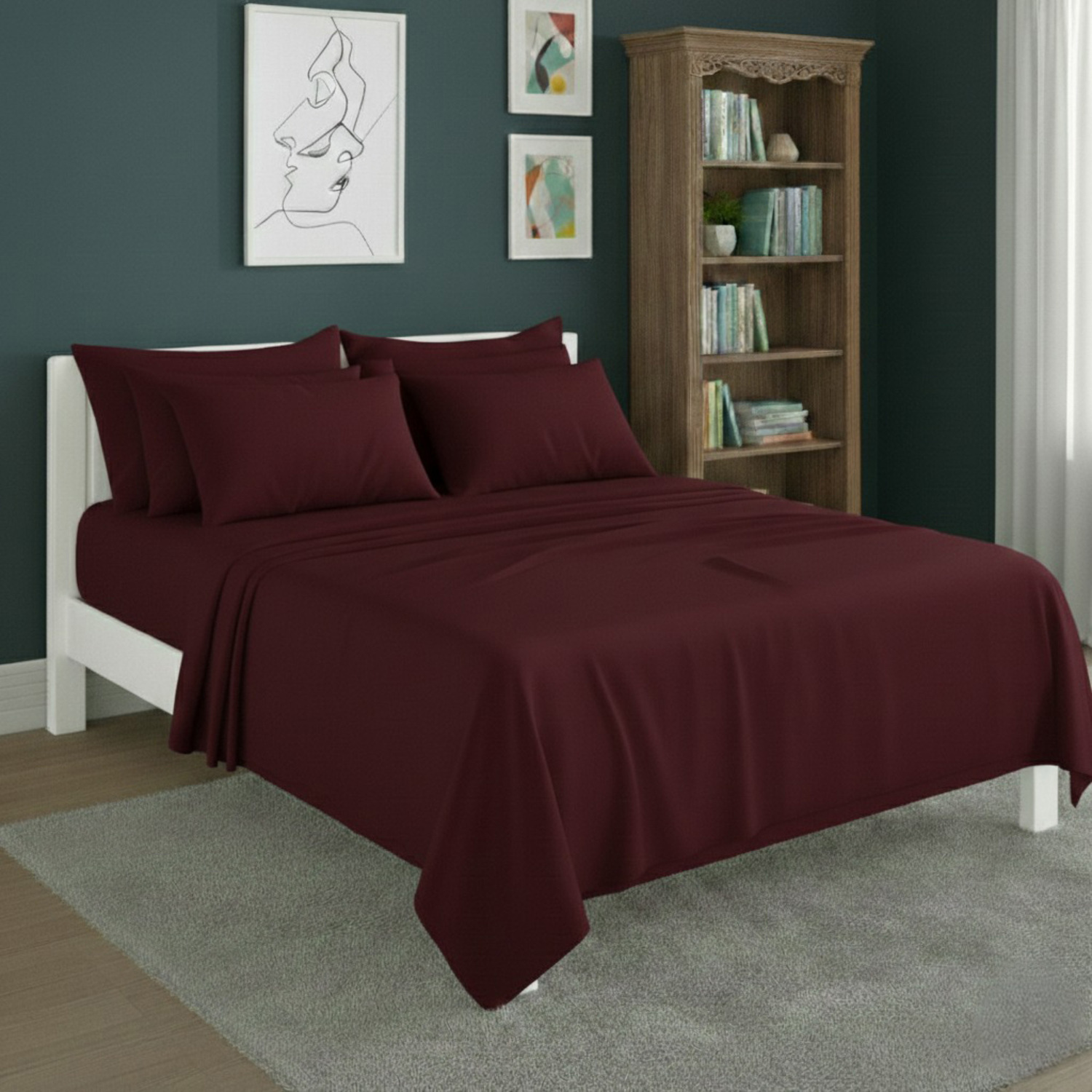 Snug City Plain Poly Cotton Easy Care Fitted Flat Sheet Matching Pillowcases Set in Wine | Size: Single