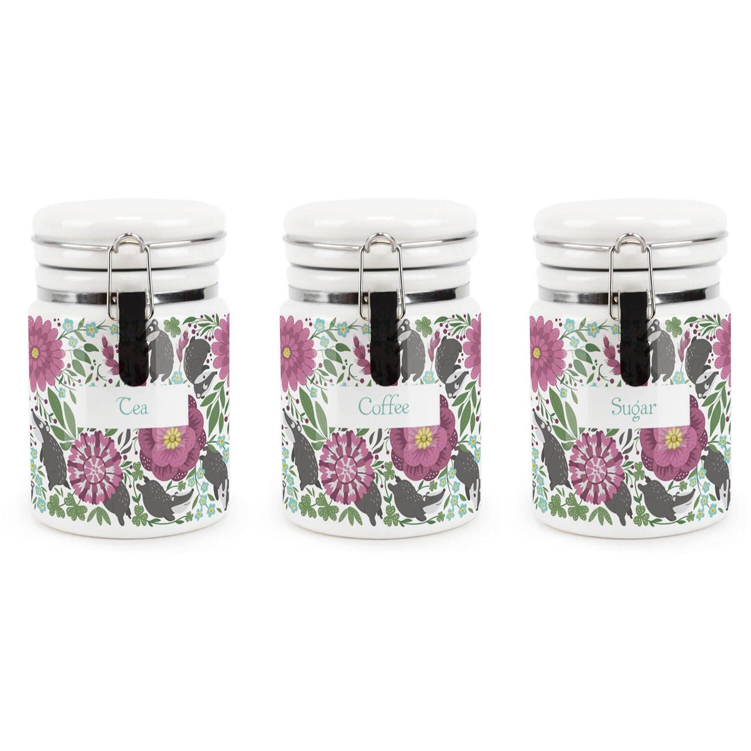 Ceramic Clip-Lid Floral Badgers Canisters - Tea, Coffee & Sugar Containers - Image 2