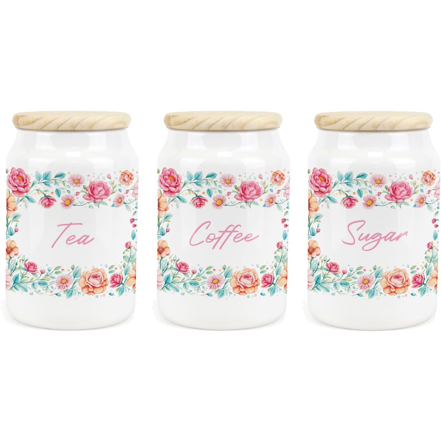 Purely Home Pink Flower Border Ceramic Tea, Coffee & Sugar Storage Canister Set - Pink