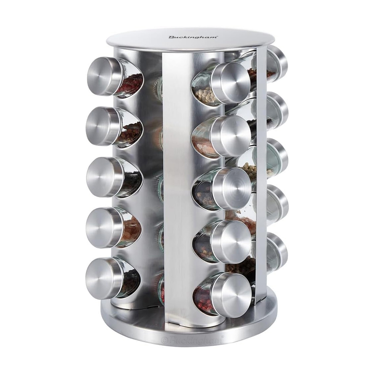 Buckingham Stainless Steel Rotating Spice Rack With 20 Jars Space-Saving Kitchen Organizer - Chrome
