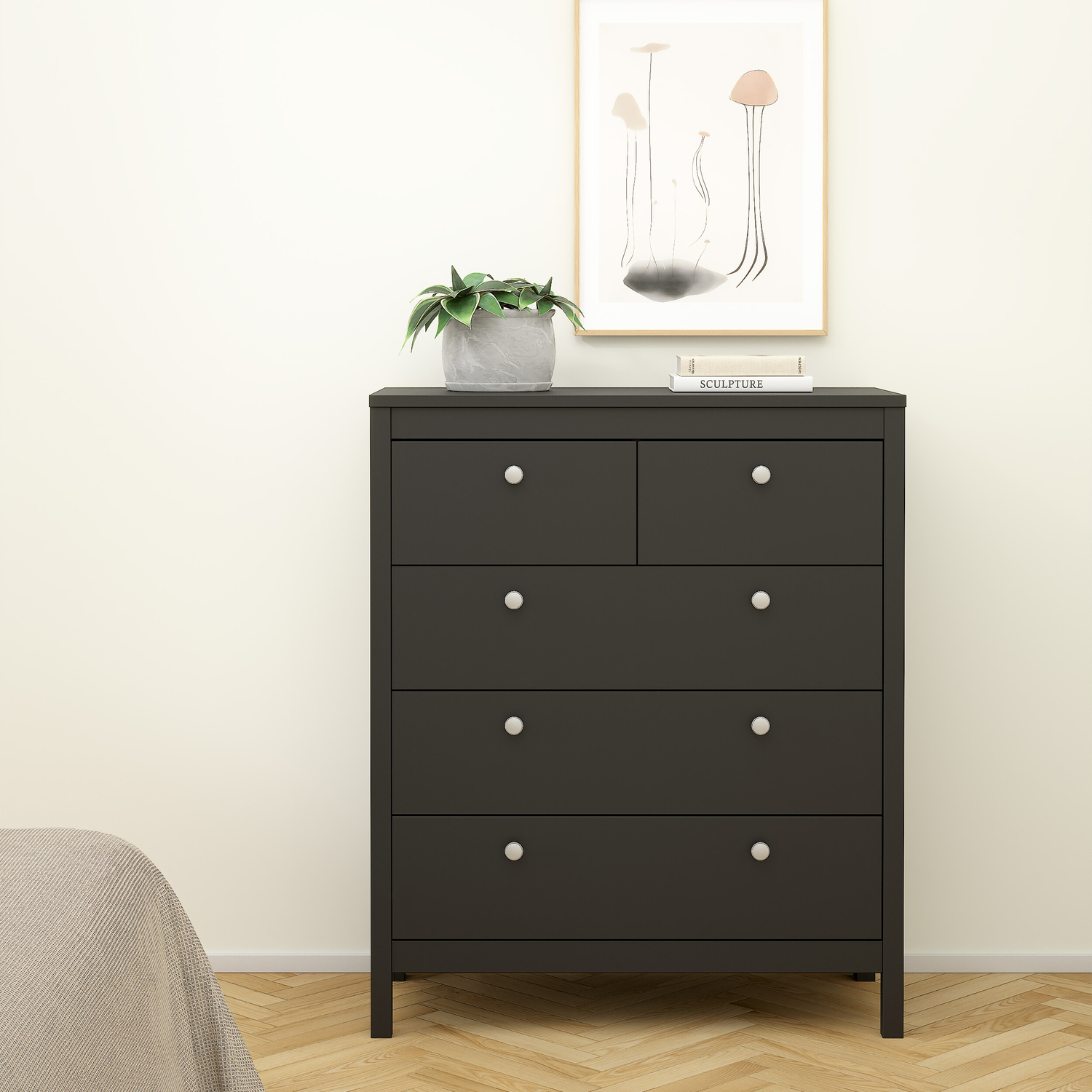 Florence Madrid 5 Drawer Chest of Drawers - Matt Black - Wood & Metal - Image 4