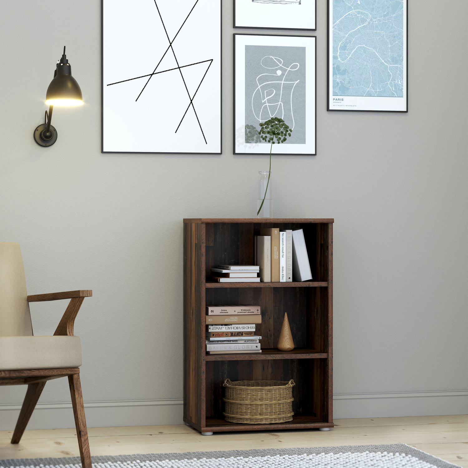 B&Q - Essential Low Narrow 2 Shelf Bookcase In Vintage Oak - Image 4