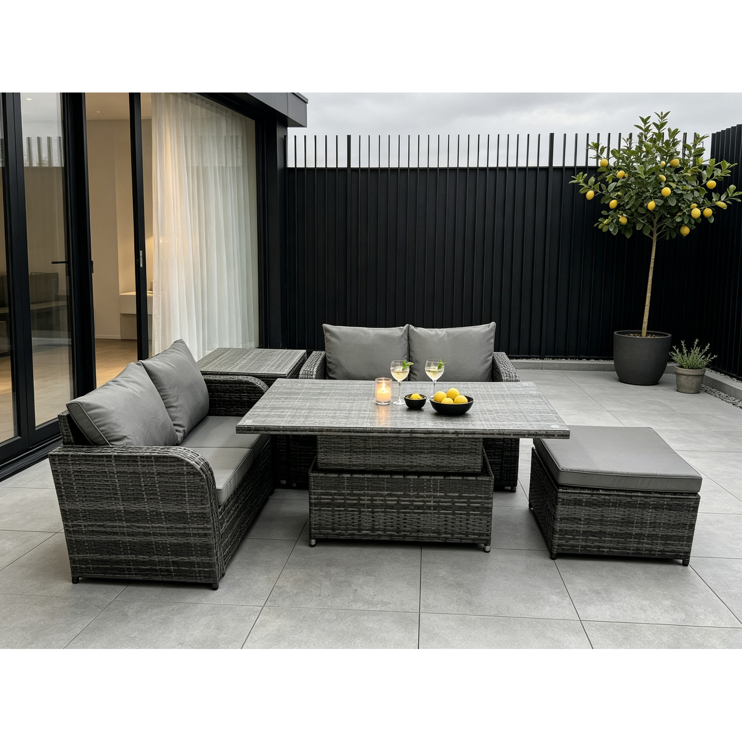 Rackhams Dark/Grey Outdoor Rattan Furniture Garden Dining Set Height Adjustable Rising Lifting Table Love Sofa Set With Side Table Big Footstool Mixed - Image 2