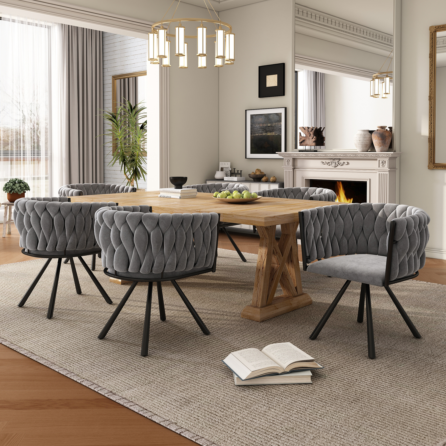 Aka Velvet Luxurious Swivel Chair With Four Metal Legs, Grey, Set Of 6 - Grey