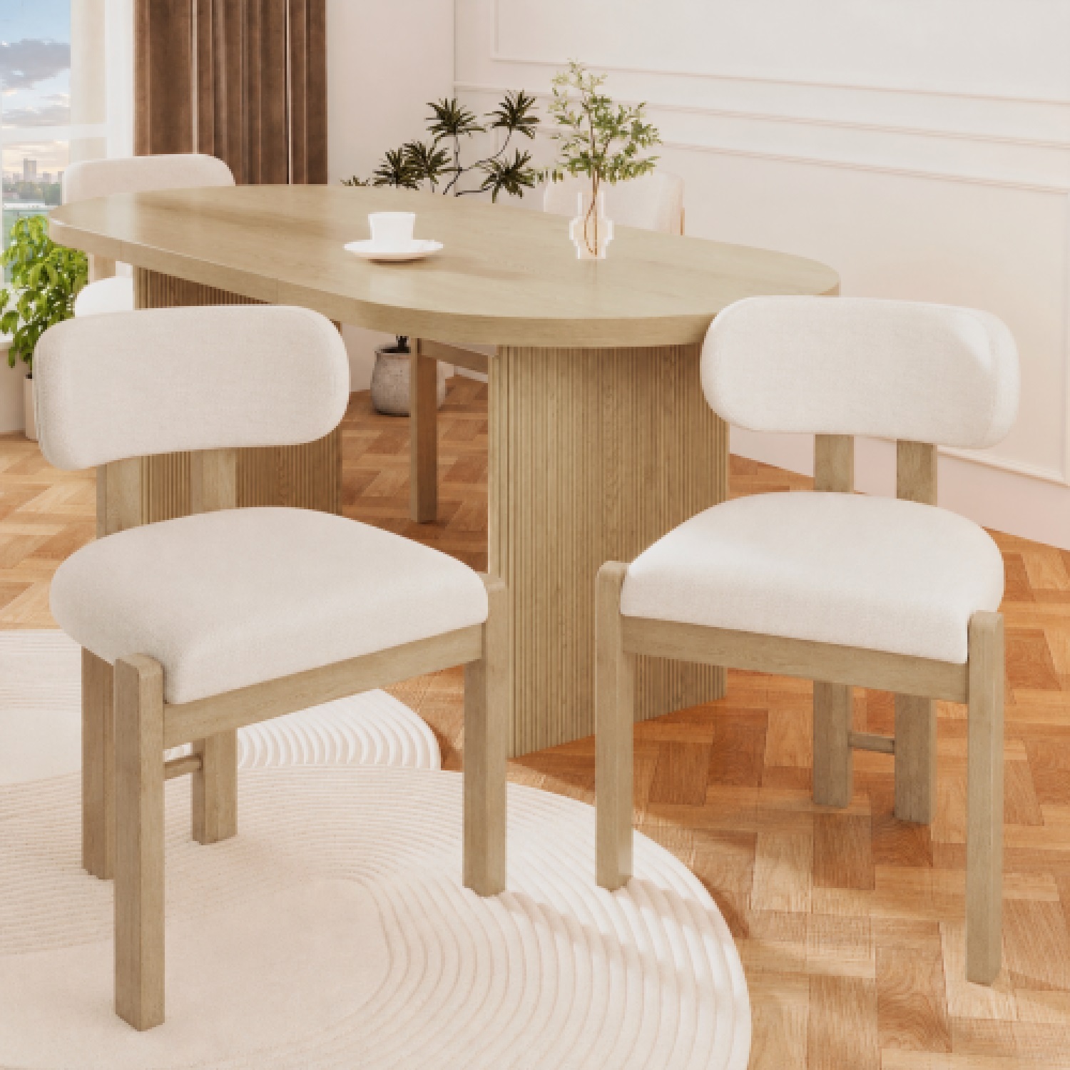 Aka Bouclé Dining Chairs With Solid Wood Legs, Natural Colour, Set Of 4 - Natural