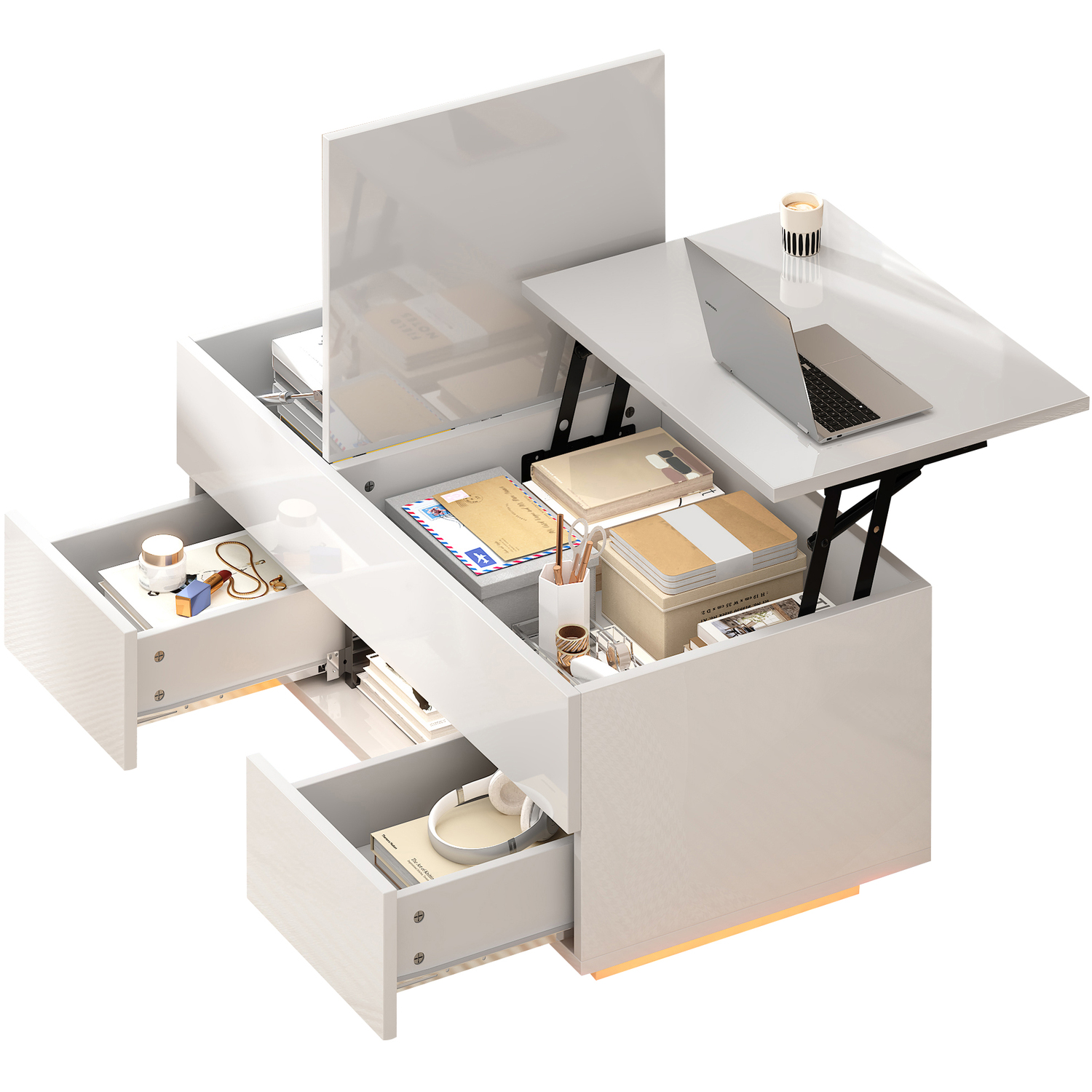 Aka High Gloss Lift Top Coffee Table With 2 Drawers & Led Lights - White