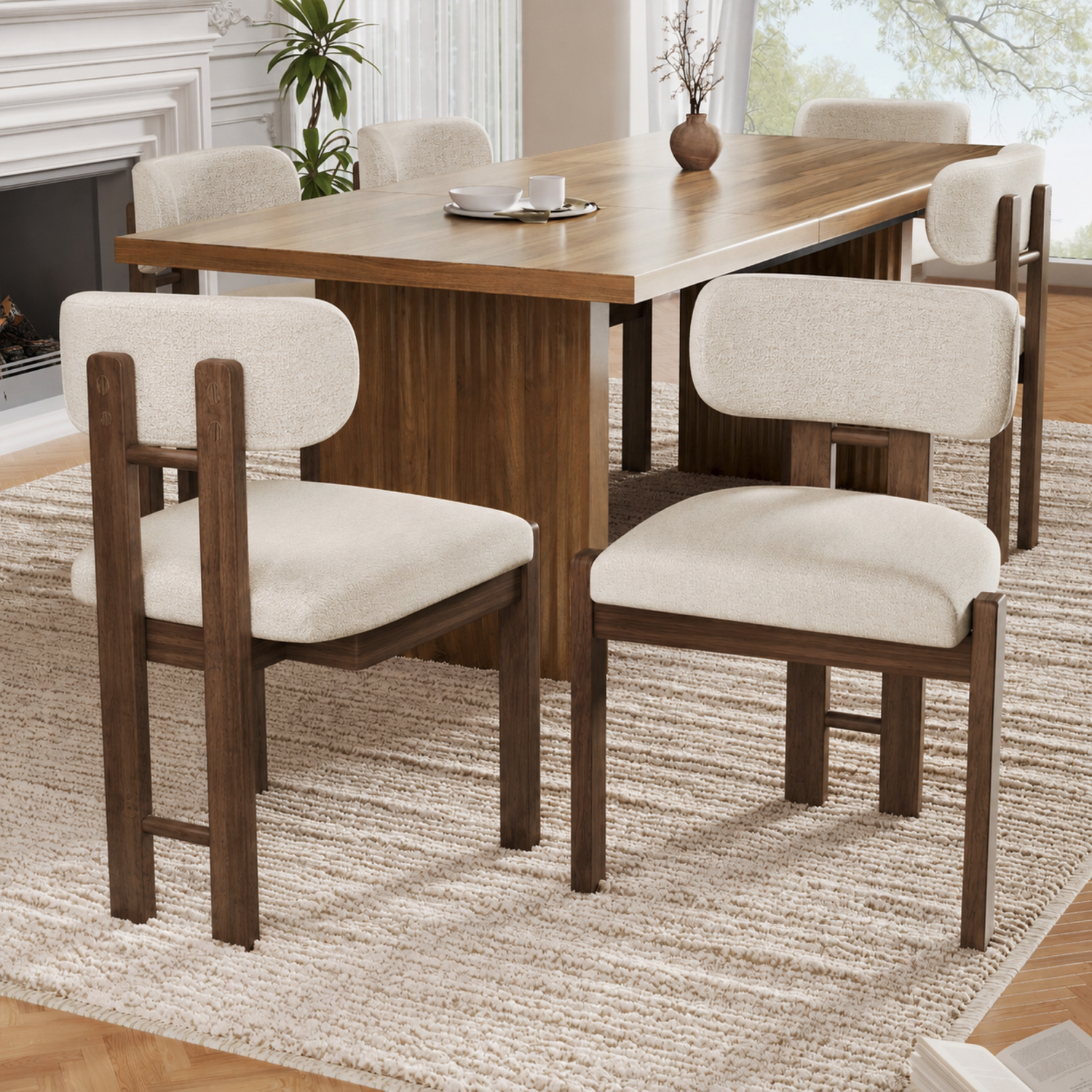 Aka Bouclé Dining Chairs With Solid Wood Legs, Walnut Wood Colour, Set Of 6 - Walnut