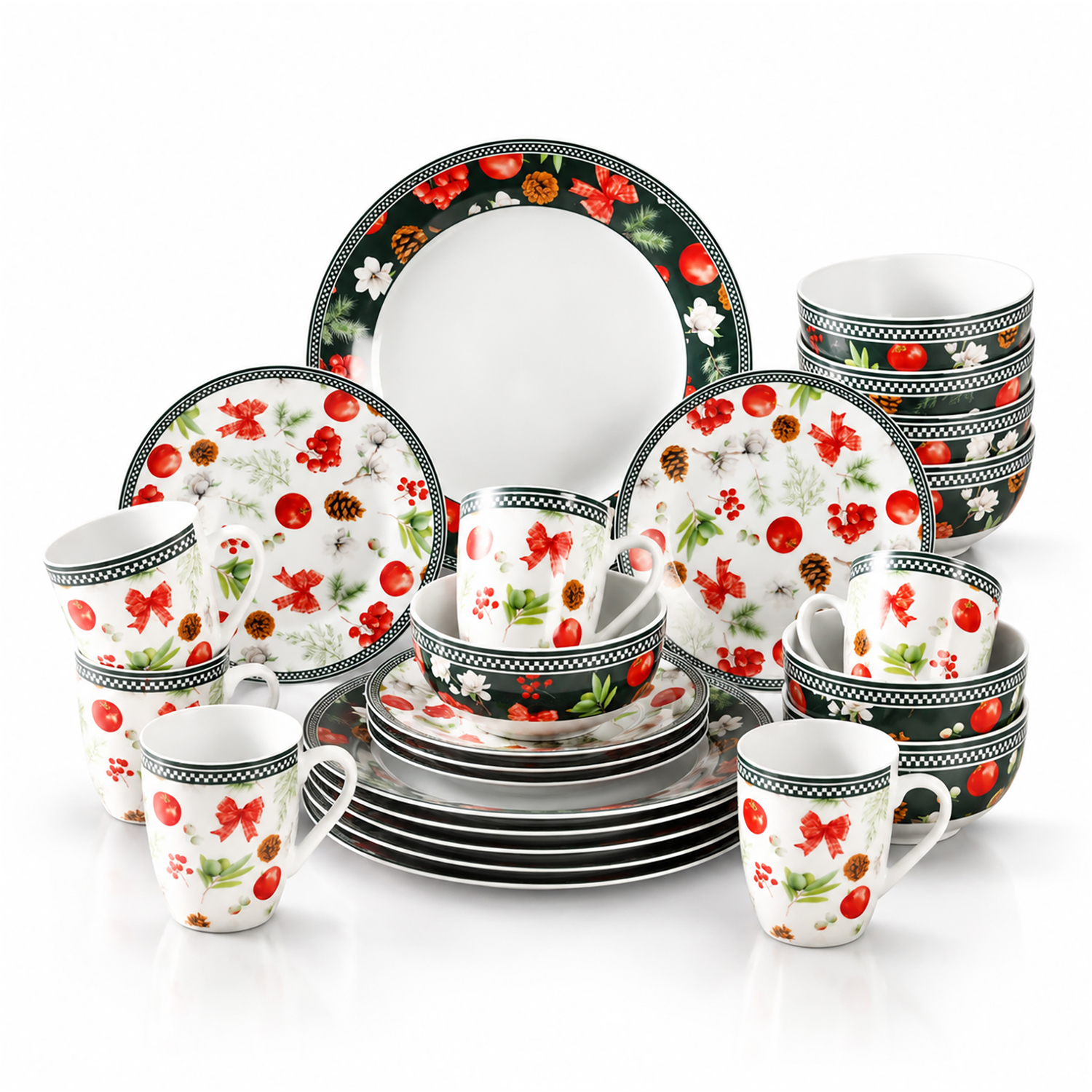 Simpa Unisex Multicolor Christmas Flora Orchard Ceramic Dinner Set | Size: 24 Pack - Image 2