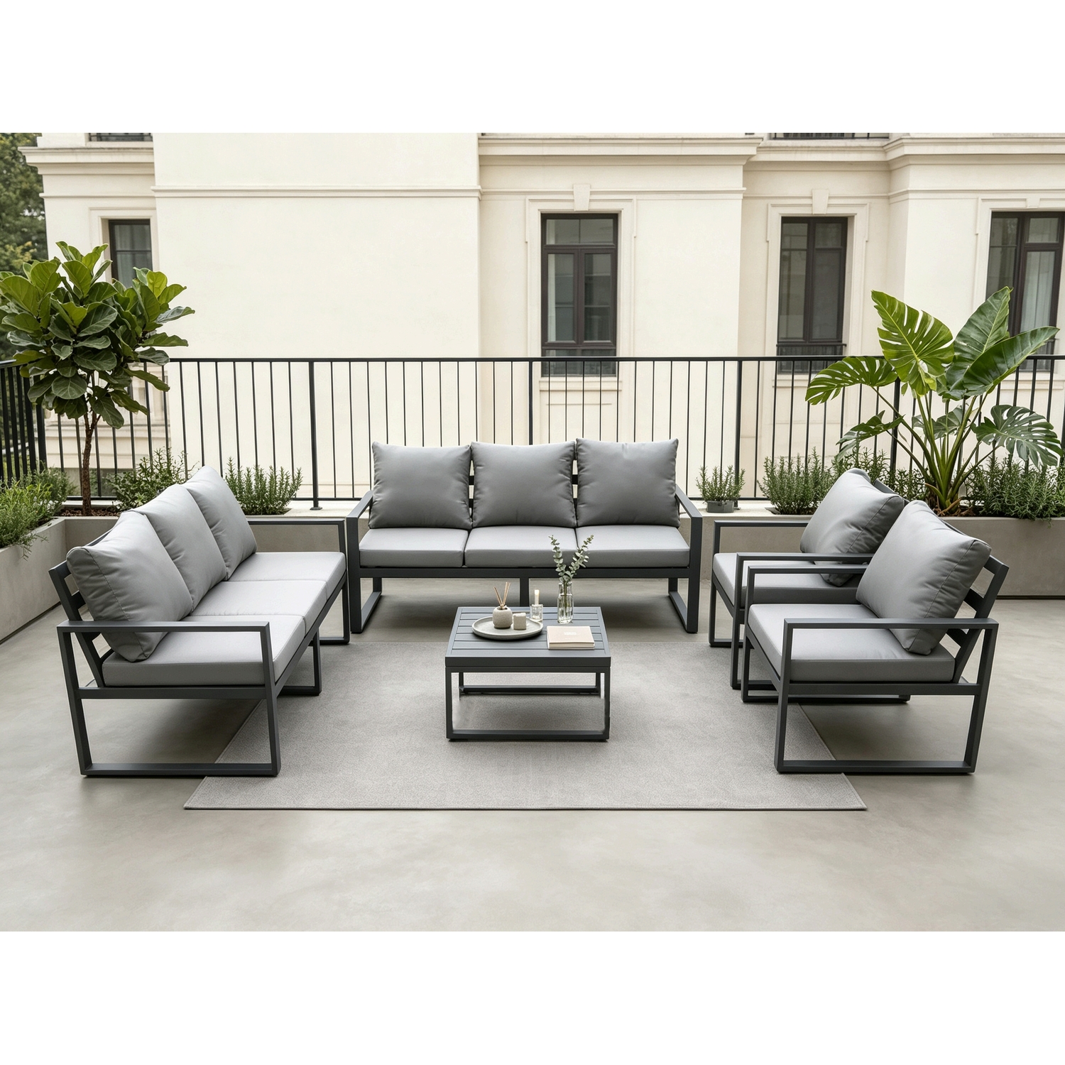 Fimous Dark/Grey Aluminium Outdoor Lounge Sofa Set Garden Furniture Sets With Square Coffee Table 2 Chairs 8 Seater - Image 2