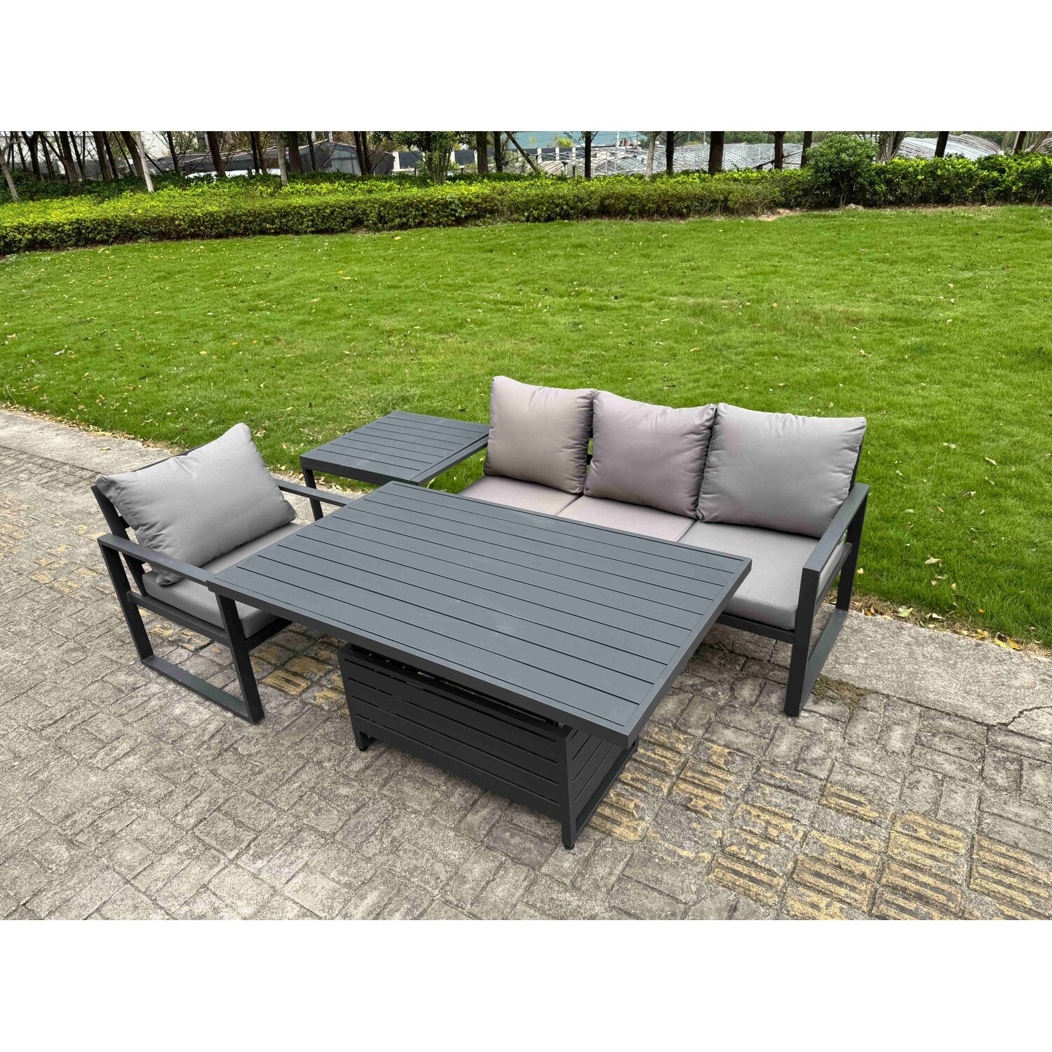 B&Q - Aluminium Garden Furniture Set 4 Piece Aluminium Lounge Seating Set With Cushions Side Table Dark Grey - Image 2