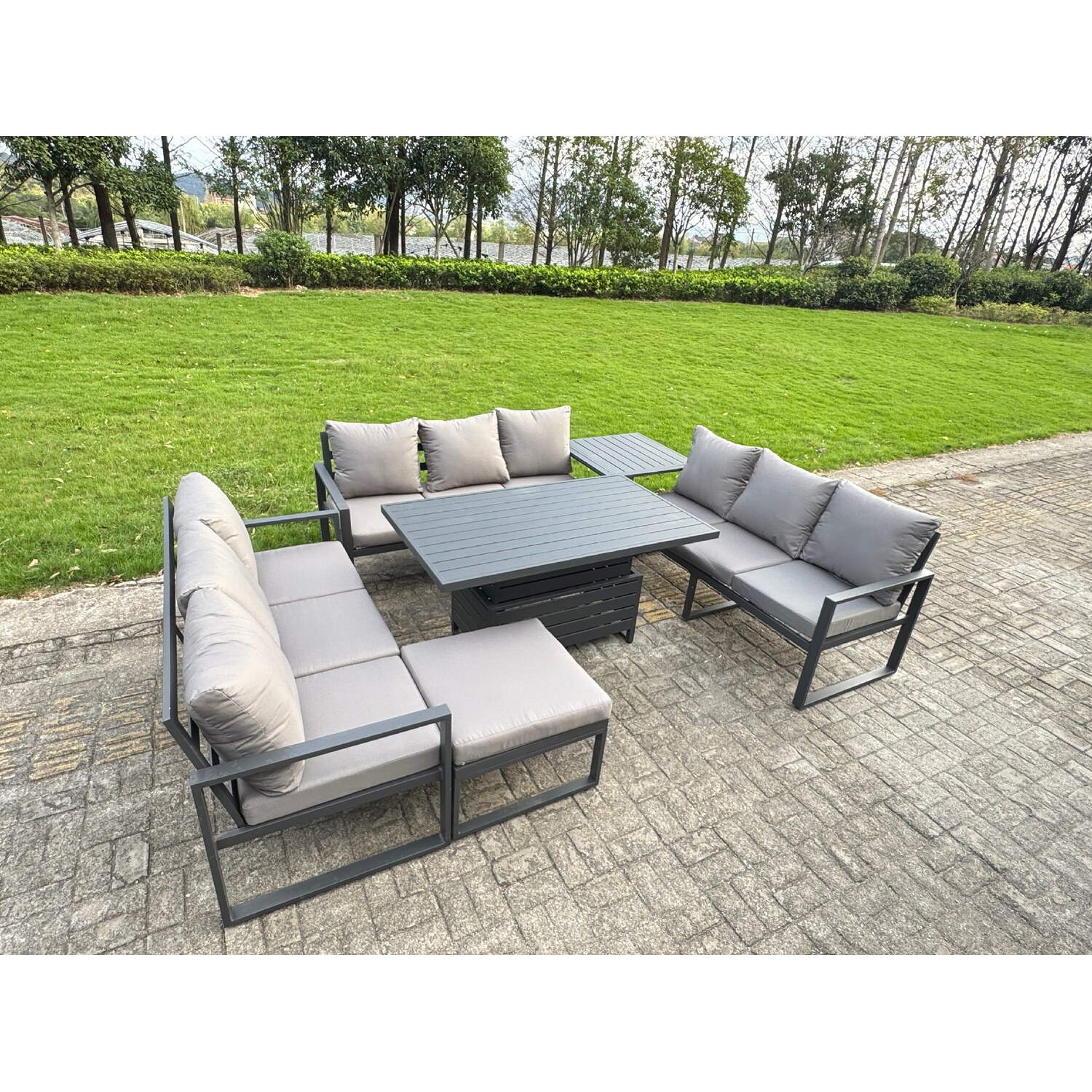 Rackhams Dark/Grey U-Shaped 10-Seater Aluminium Garden Furniture Outdoor Dining Set With Adjustable Rising Lifting Dining Table Side Table Big Footstool - Image 2
