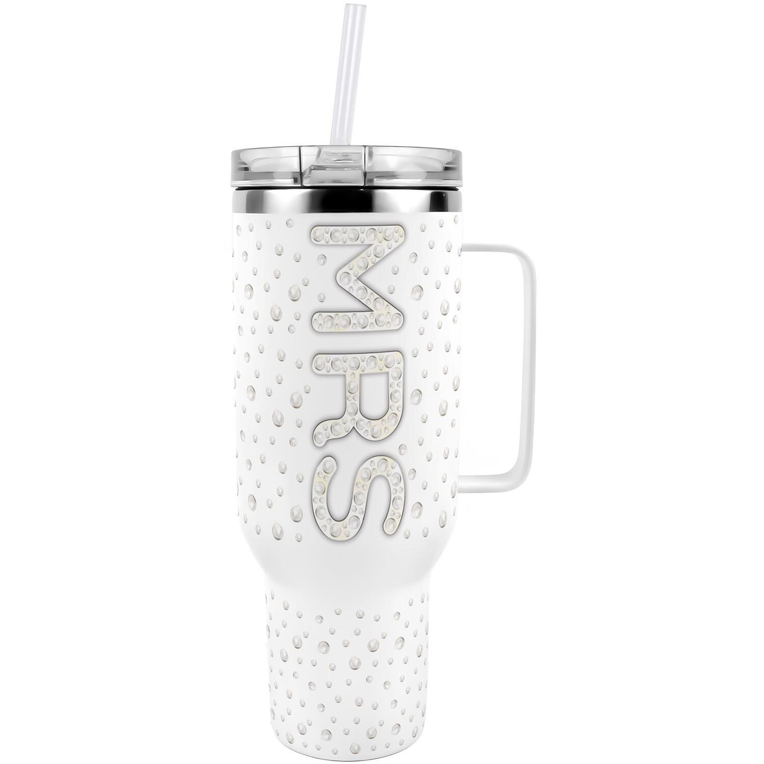 Purely Home White Pearls Mrs 40Oz Stainless Steel Extra-Large Travel Cup With Straw And Lid - White