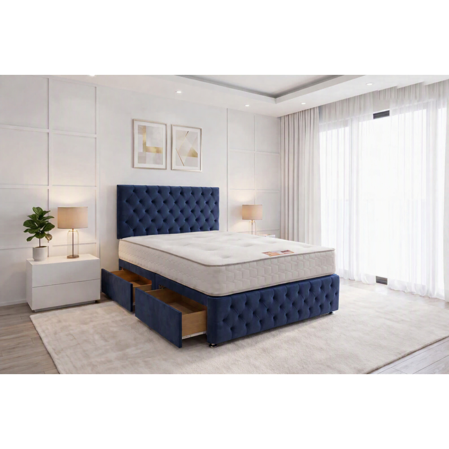 Knight Sleep Delaware Navy Plush 6Ft Princess Sprung Divan Bed Set, 2 Drawers