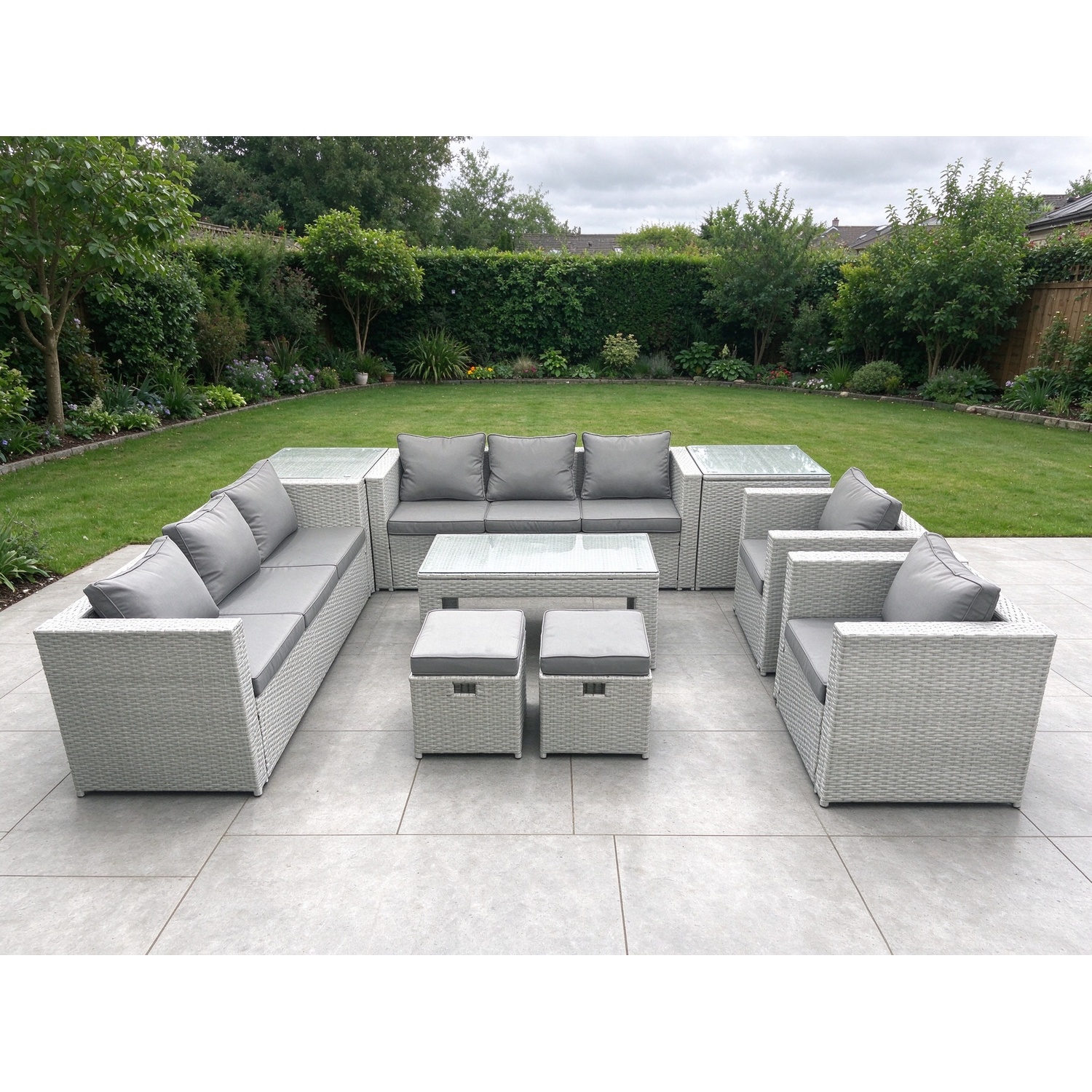 Rackhams Light/Grey Outdoor Garden Furniture Rattan Sofa Set With 2 Armchairs Oblong Coffee Table 2 Small Footstools 2 Side Tables Mixed - Image 2