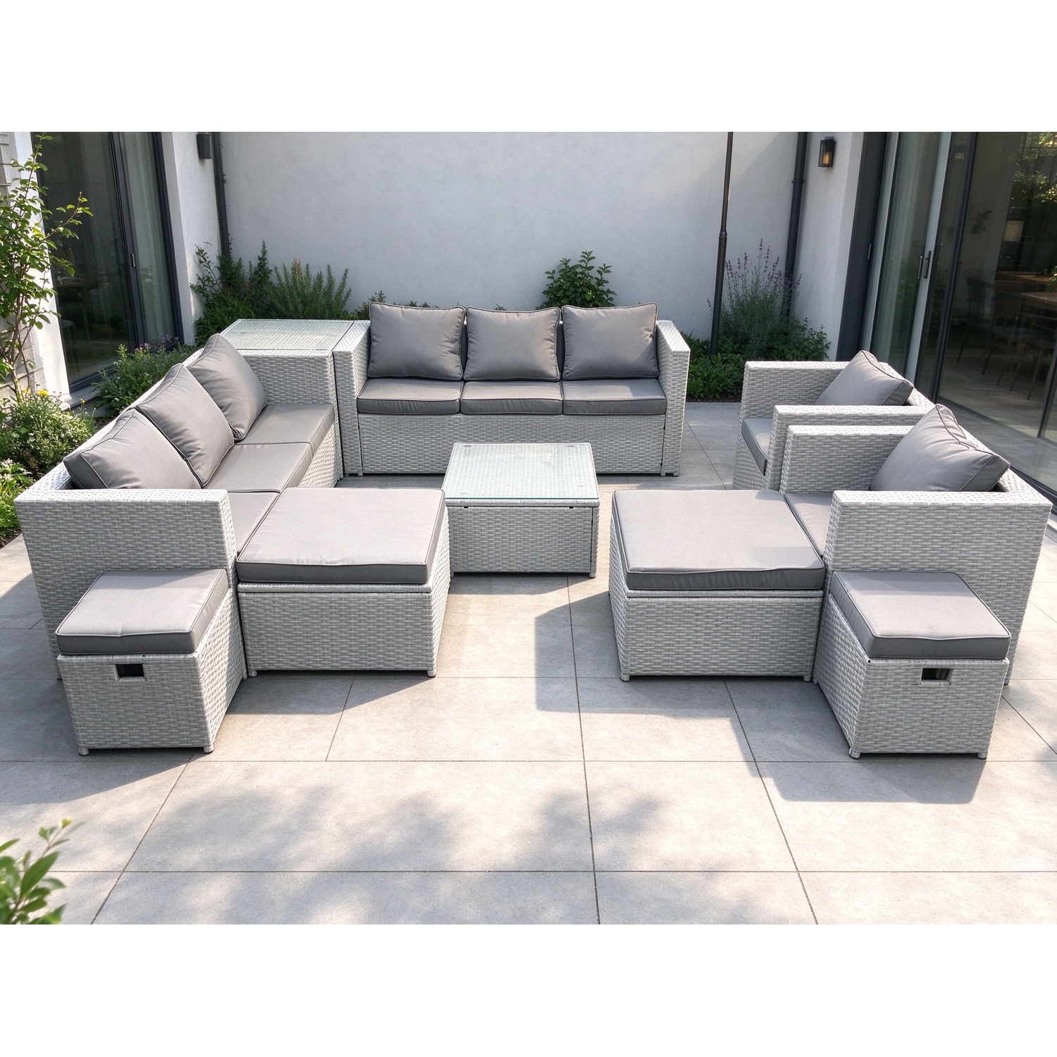 Fimous Garden Outdoor Furniture Set 12 Seater Rattan Sofa Set With 4 Footstools Side Table Light Grey Mixed - Image 3