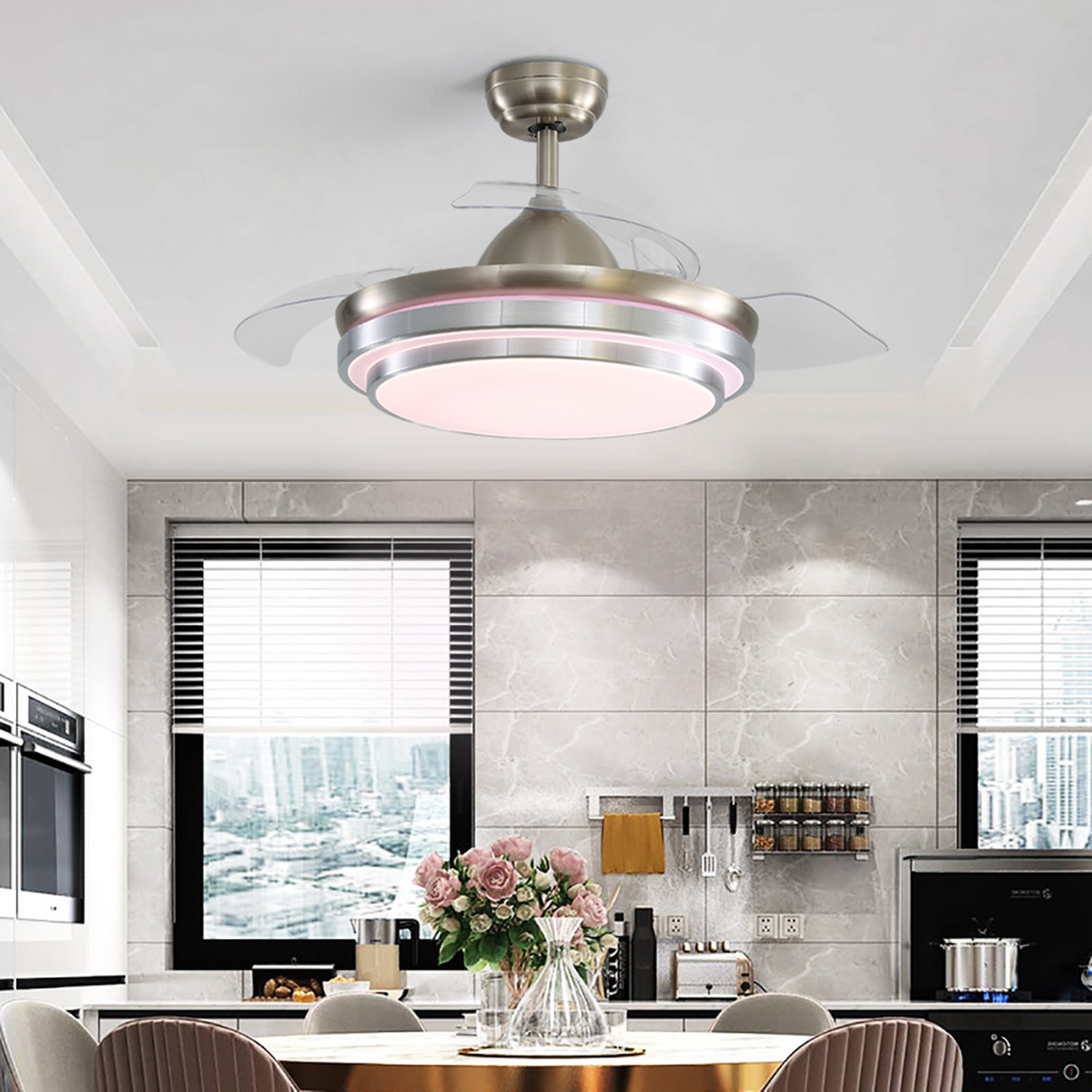 Livingandhome - Ceiling Fan with Lights and Retractable Blades - Silvery White thumbnail