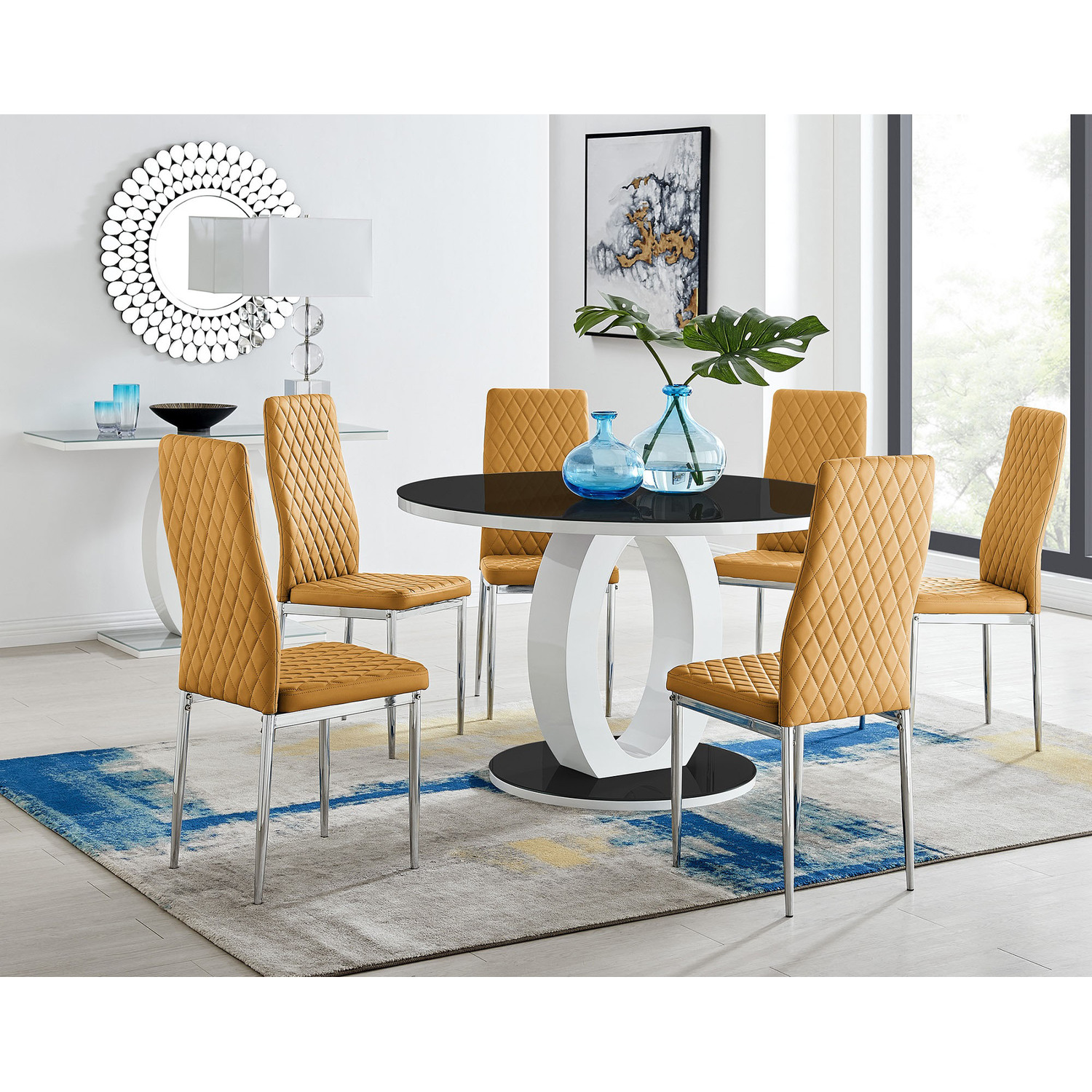 Giovani Large Round Dining Table With Four Milan Chairs Set - Mustard