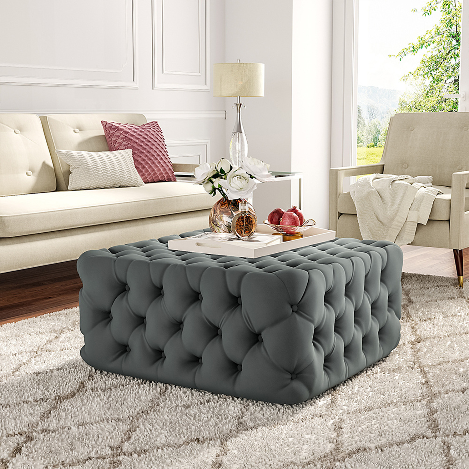 Livingandhome - Deep Buttoned Square Velvet Footstool Coffee Table - Grey / 12.8kg thumbnail