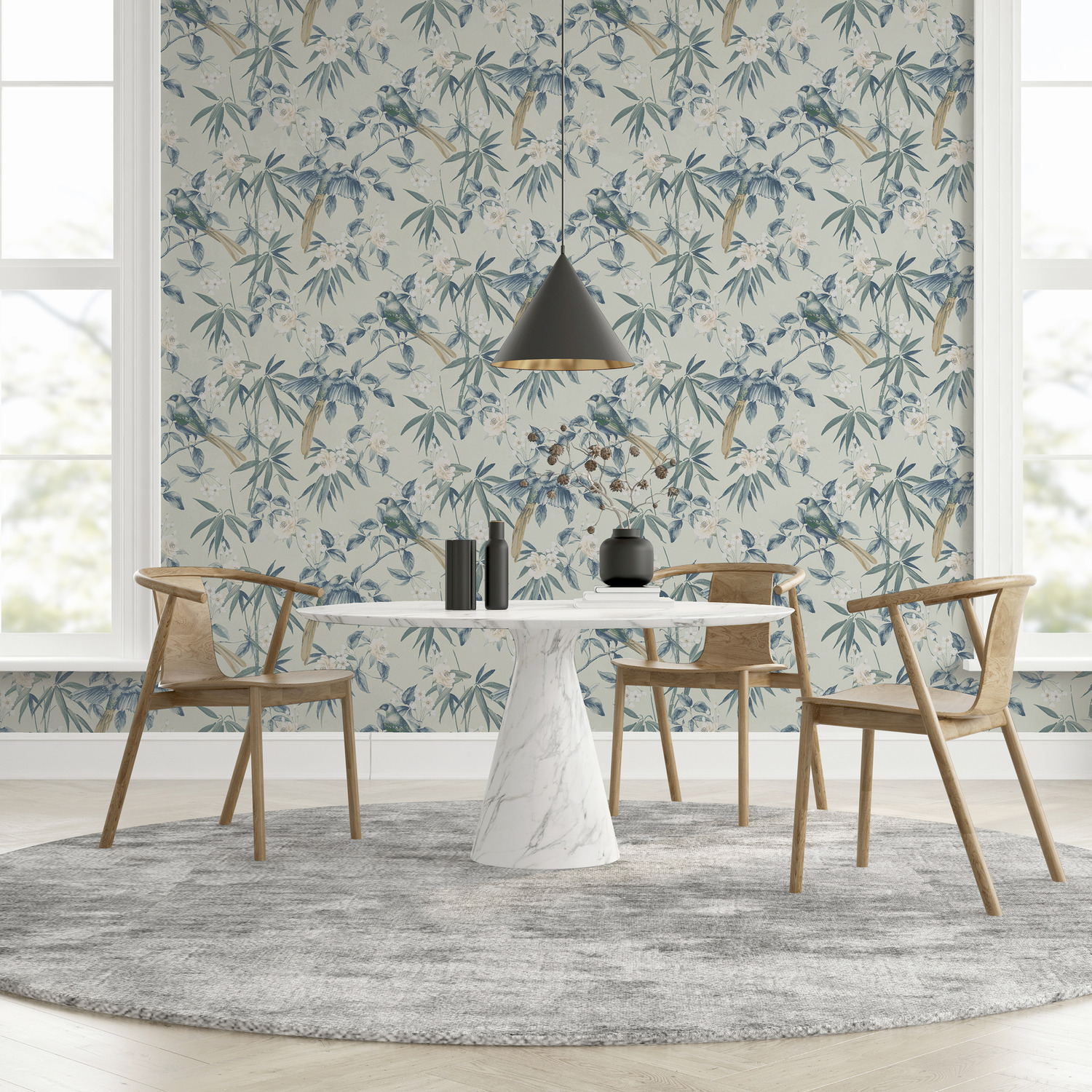 Arthouse Oriental Floral Birds Grey and Blue Wallpaper - Grey, Blue