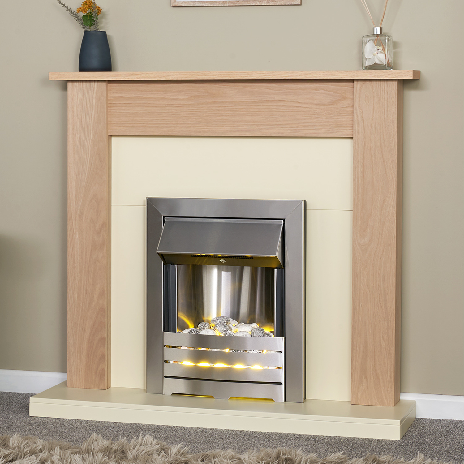 Adam Southwold in Oak and Cream with Helios Electric Fire in Brushed, 43  Inch