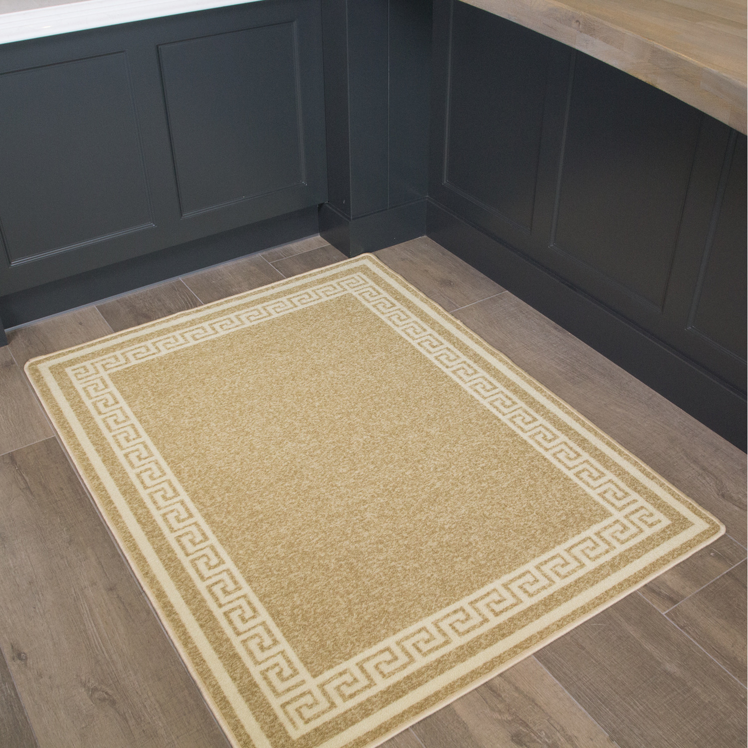 Neutral Beige Geometric Bordered Non Slip Washable Kitchen Utility Mat