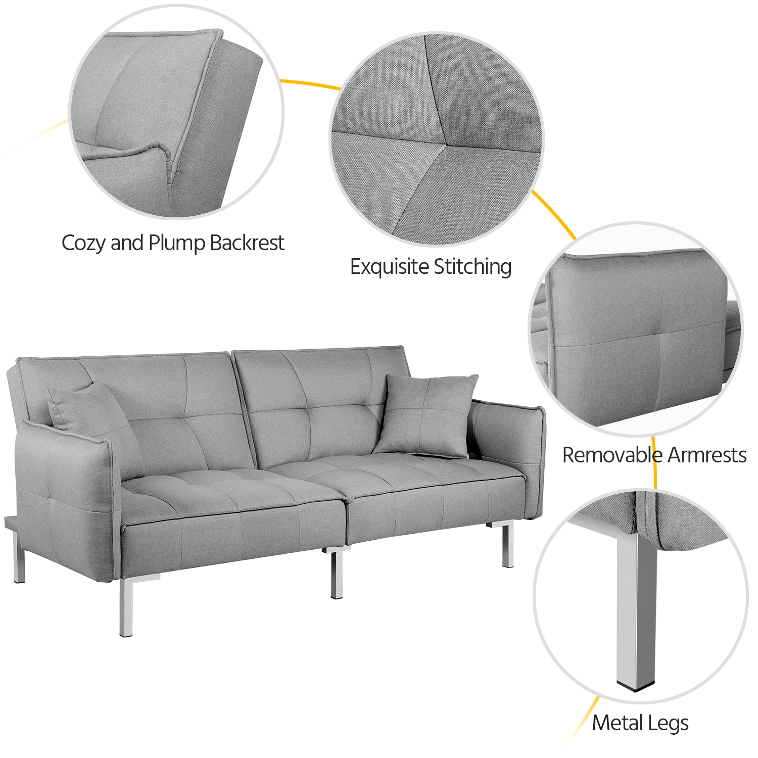 Yaheetech Convertible Sofa With 2 Pillows - Light Grey