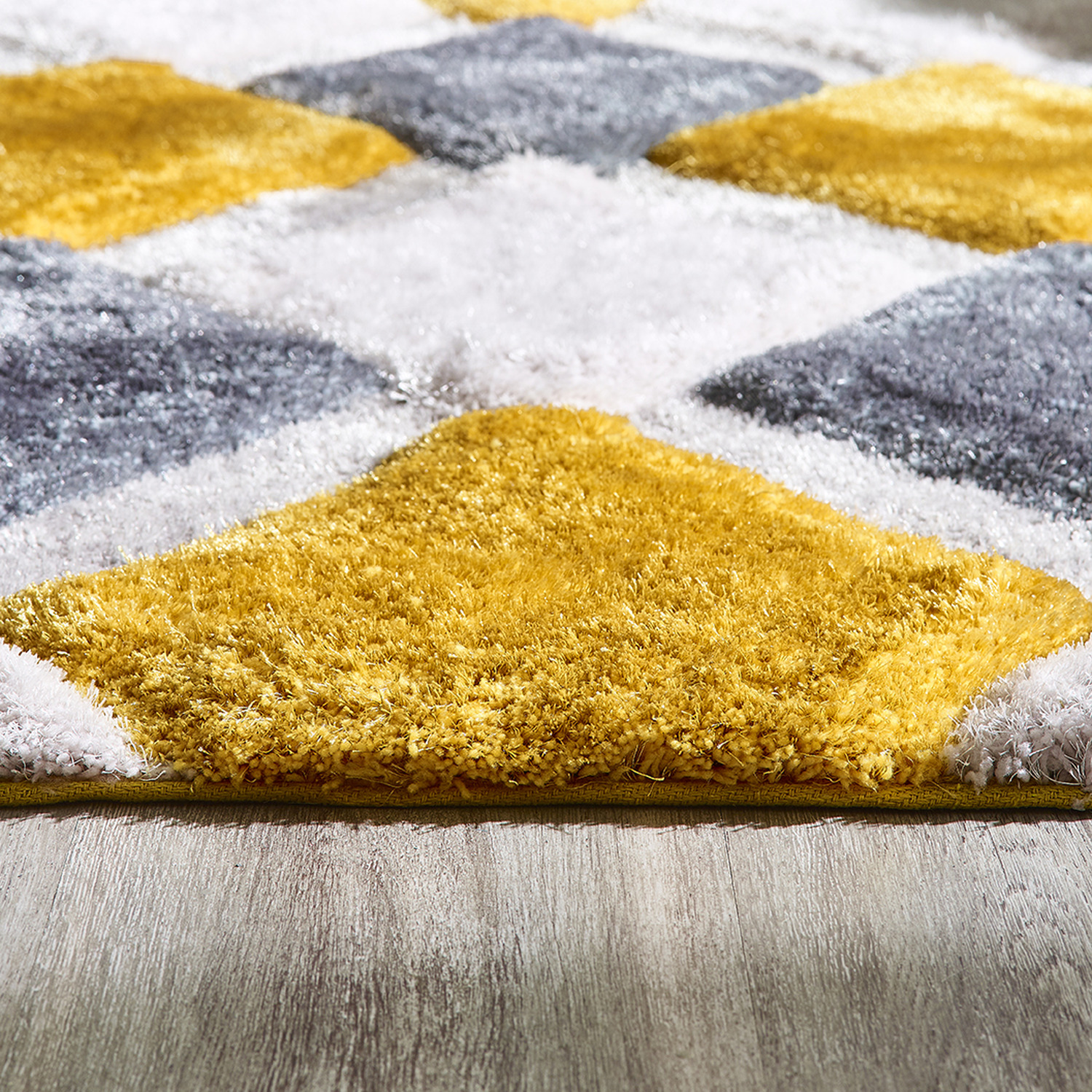 Yellow Grey Carved Diamond Shaggy Rug