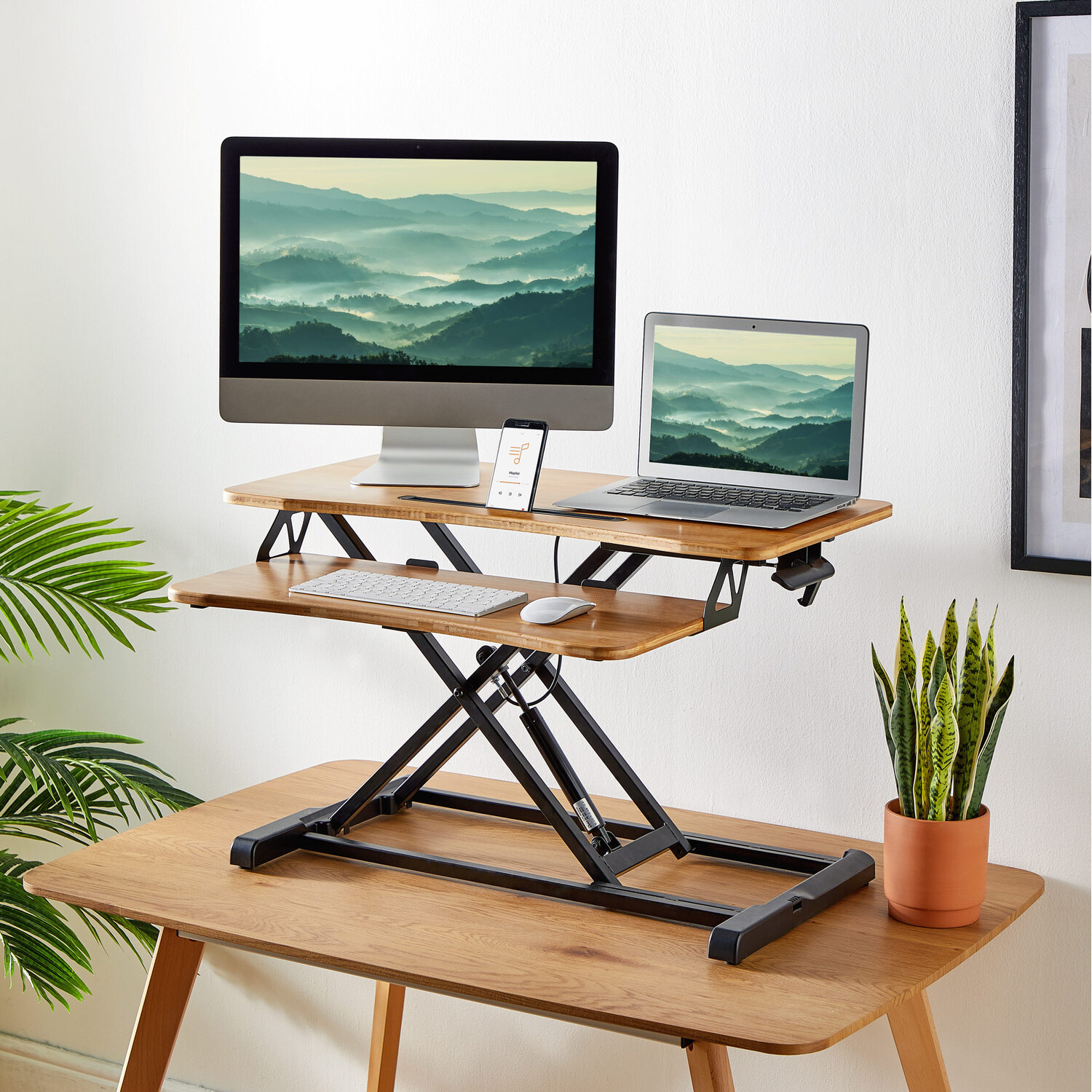 Height Adjustable Standing Desk Converter With Keyboard Shelf - Bamboo