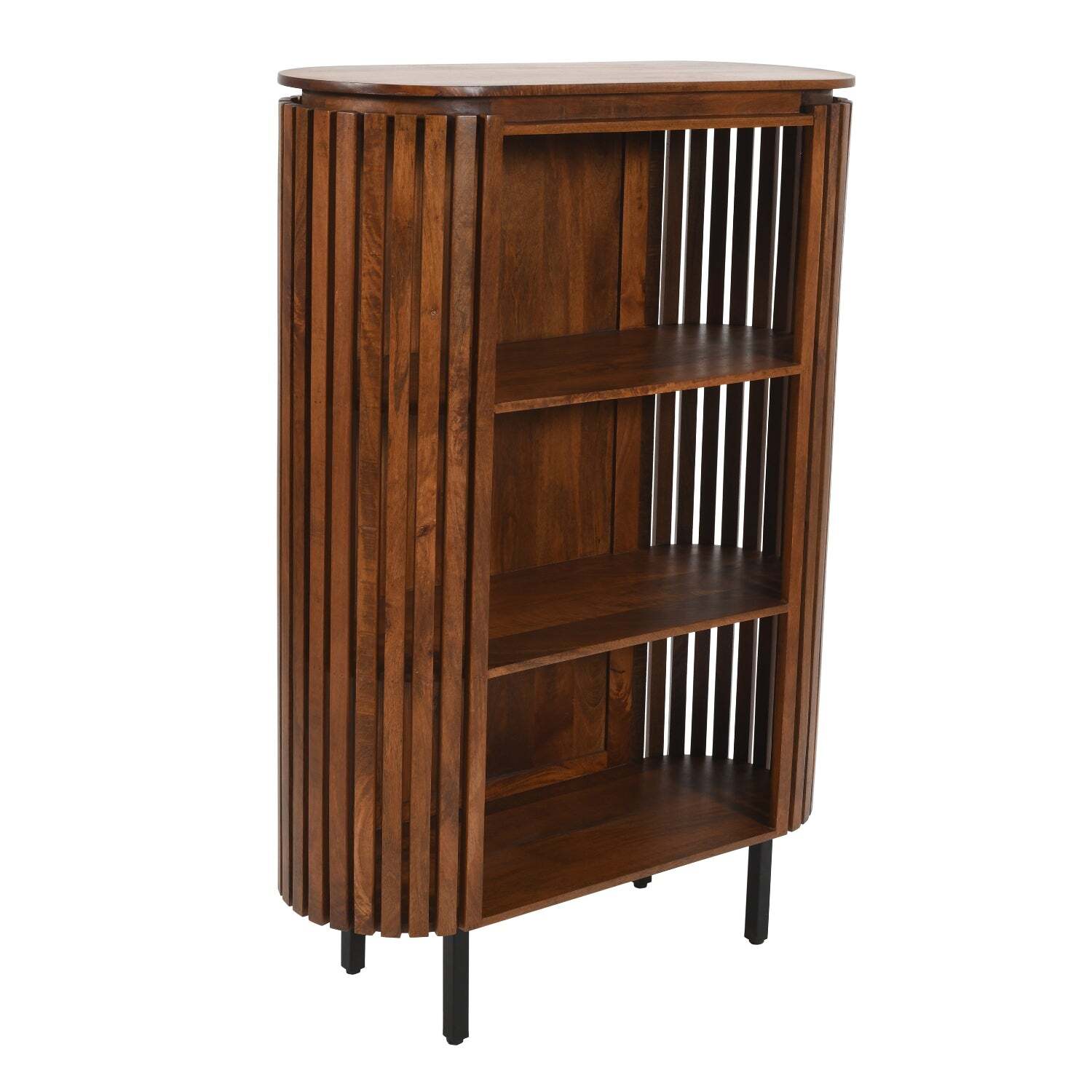 Carney Slatted Mango Wood Bookcase- Medium High - Warm Walnut