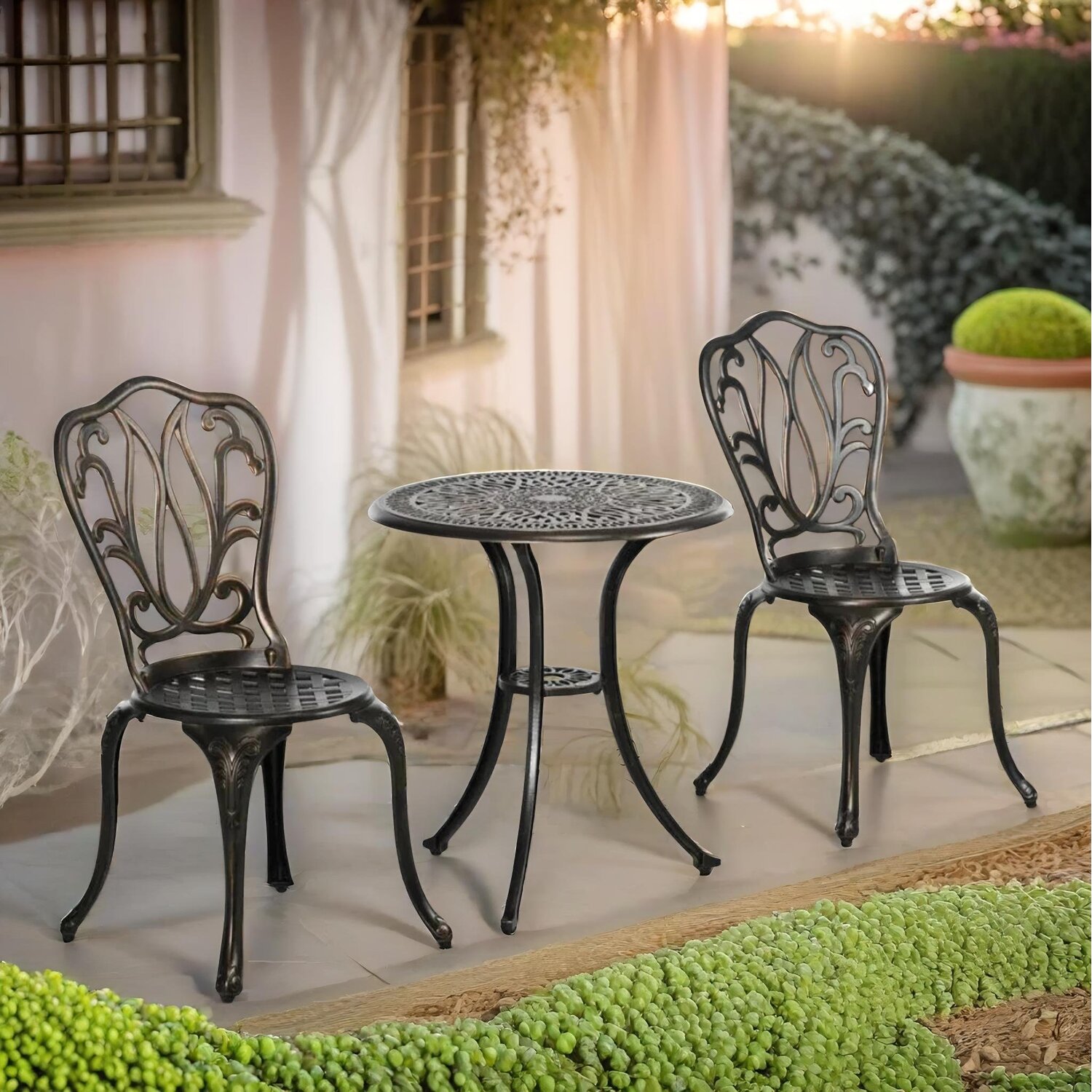Set Of 3 Aluminium Bistro Table And Chair Bronze - Bronze