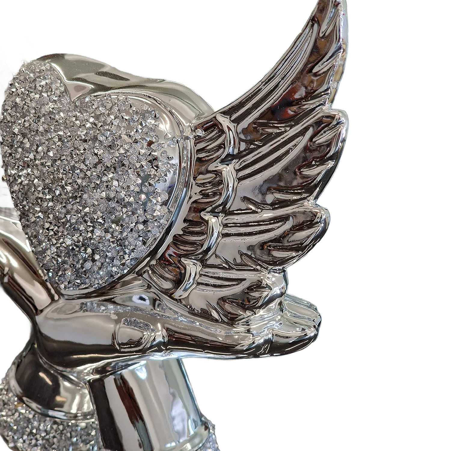 thumbnail image 2 of Bling Crushed Diamond Heart & Hands Ornament – Namaste Shelf Sitter, Silver Ceramic, 30cm 2 of 5
