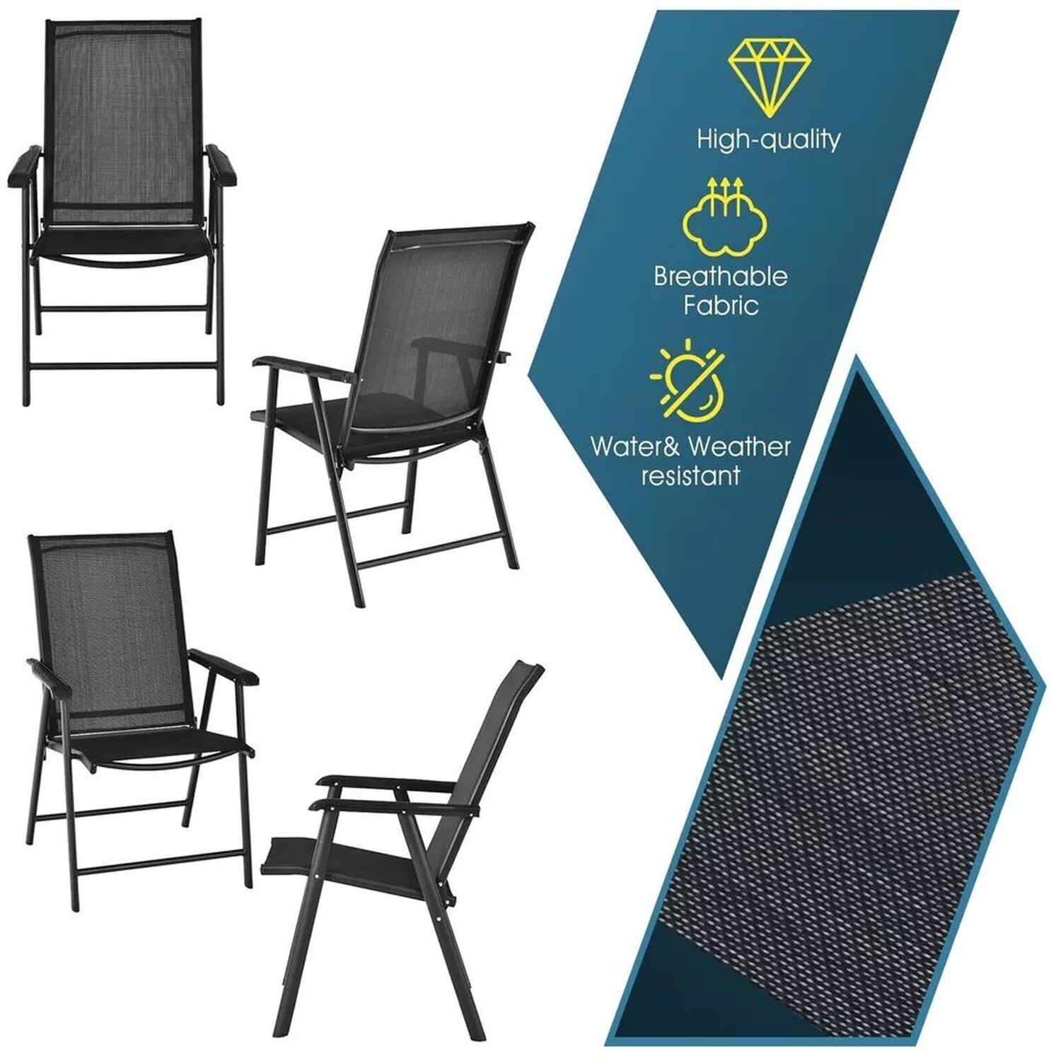 Set Of 4 Black Folding Garden Chairs - Black And Brown