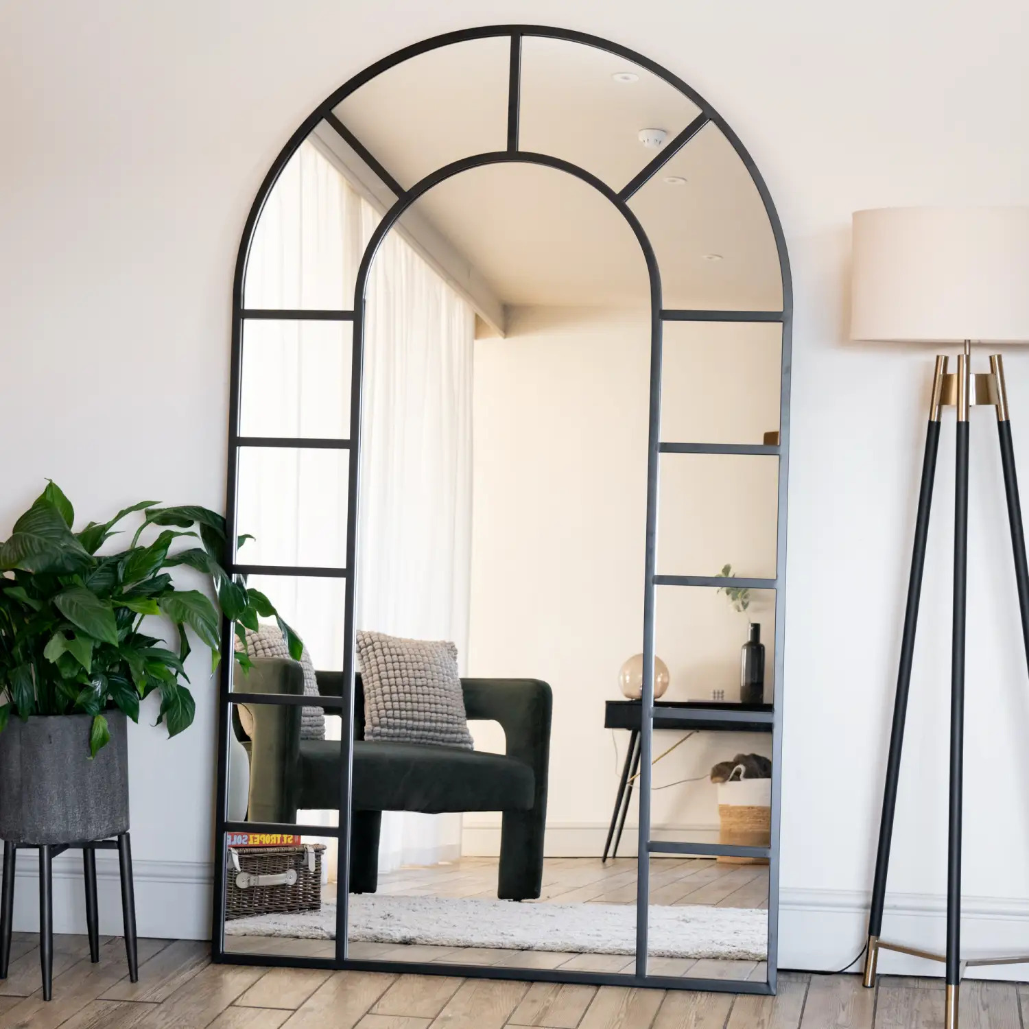 Mio - Full Length Black & Gold Metal Arched Window Mirror - 180cm x 105cm.