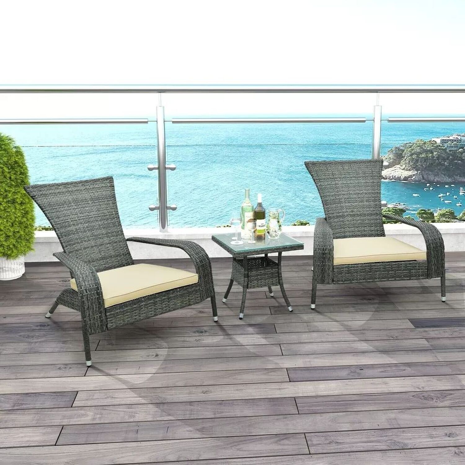 Wicker Bistro Set With Table And Chairs And Cushions - White