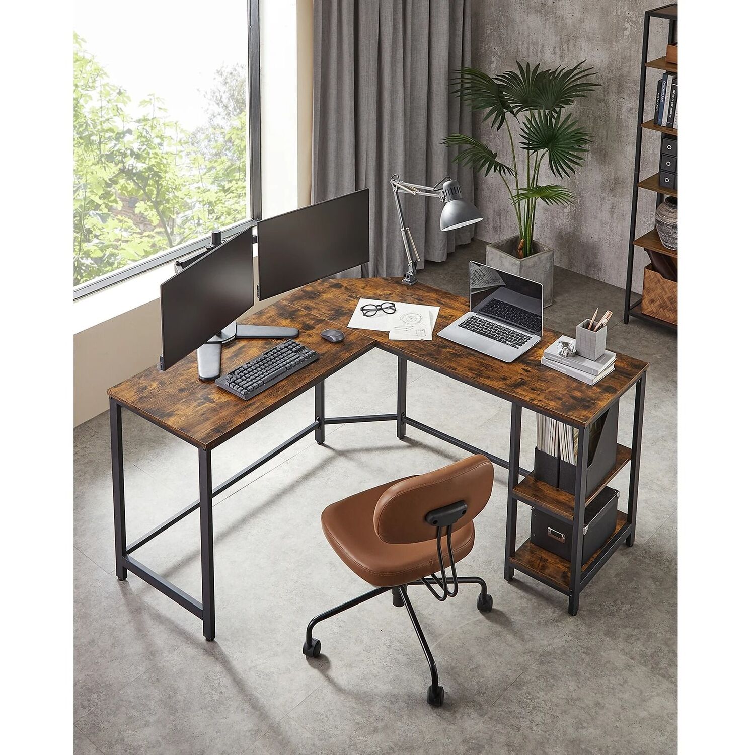 L-shaped Desk With Storage - Brown