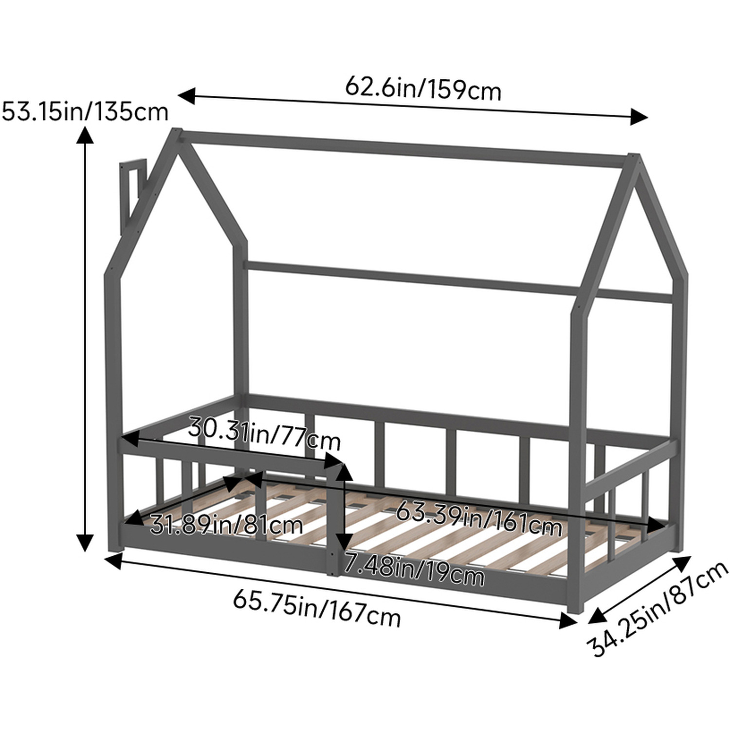 Children S Pine Wood Bed Frame With Safety Rails - Grey